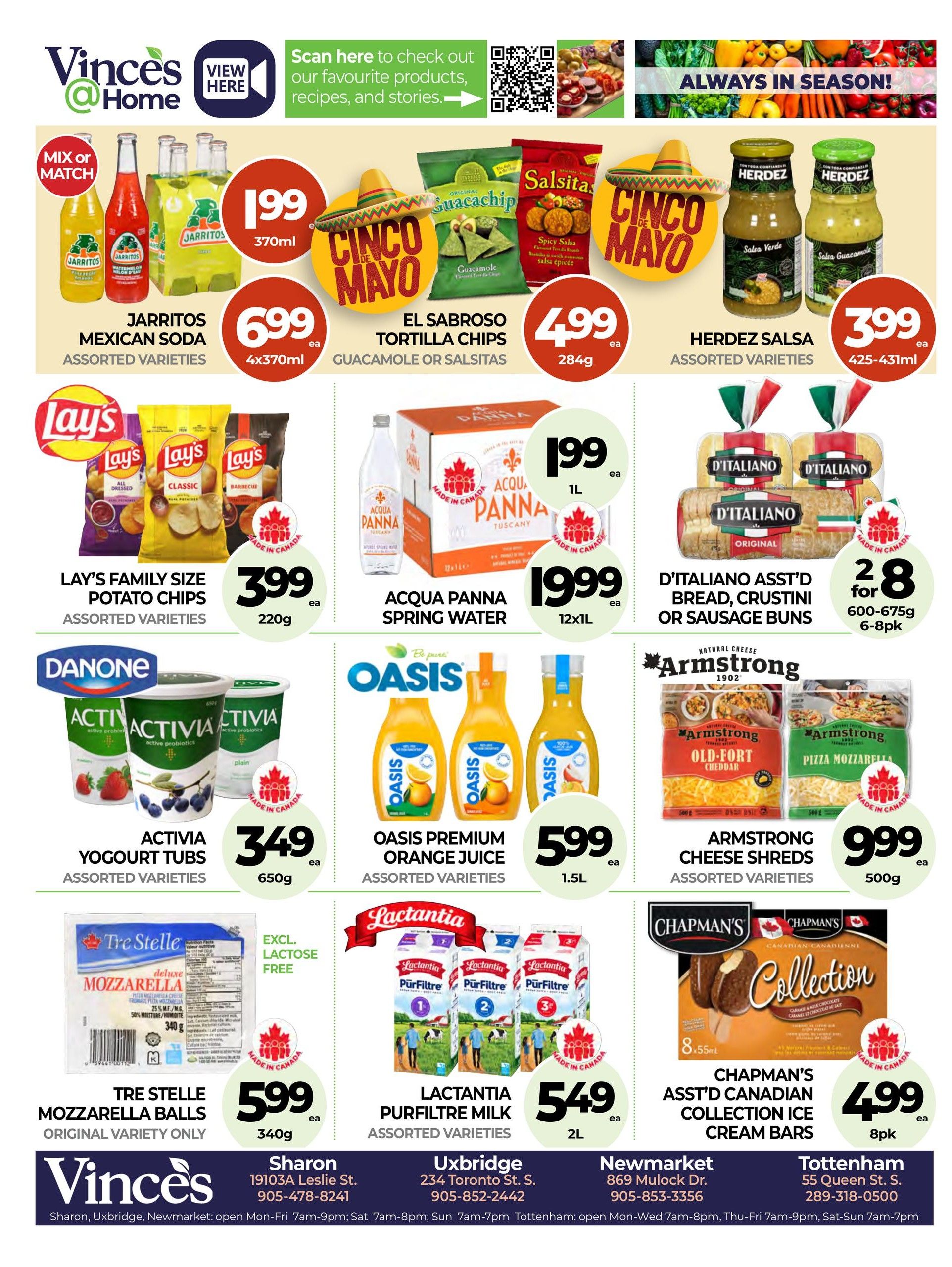 Vince's Market flyer page 8 features a variety of grocery specials. Highlighted items include Jarritos Mexican Soda for $1.99 (370ml), El Sabroso Tortilla Chips (Guacamole or Salsitas) for $4.99 (284g), and Herdez Salsa (Assorted Varieties) for $3.99 (425-431ml). Lay's Family Size Potato Chips (Assorted Varieties) are on sale for $3.99 (220g). Acqua Panna Spring Water is available for $1.99 (1L) and a 12x1L case for $19.99. D'Italiano Assorted Bread, Crustini, or Sausage Buns are 2 for $8 (600-675g, 6-8pk). Danone Activia Yogurt Tubs (Assorted Varieties) are $3.49 (650g). Oasis Premium Orange Juice (Assorted Varieties) is $5.99 (1.5L). Armstrong Cheese Shreds (Assorted Varieties) are $9.99 (500g). Tre Stelle Mozzarella Balls (Original Variety Only) are $5.99 (340g). Lactantia Purfiltre Milk (Assorted Varieties) is $5.49 (2L). Chapman's Assorted Canadian Collection Ice Cream Bars are $4.99 (8pk).
