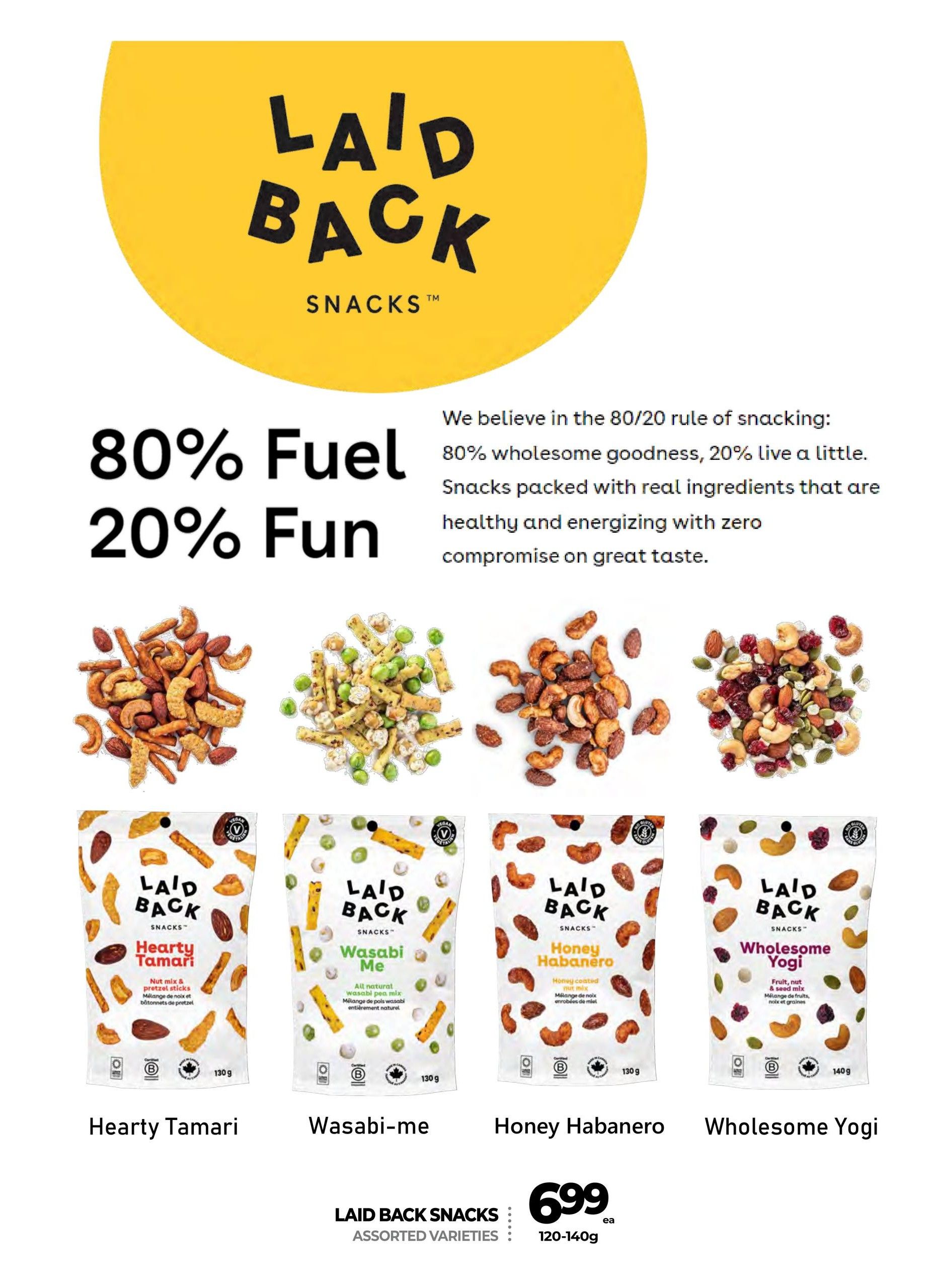Vince's Market flyer specials page featuring Laid Back Snacks with the slogan '80% Fuel 20% Fun'. The page highlights four varieties of Laid Back Snacks: Hearty Tamari (nut mix & pretzel sticks), Wasabi Me (all-natural wasabi pea mix), Honey Habanero (honey coated nuts), and Wholesome Yogi (fruit, nut & seed mix). Each bag is 130g or 140g. Laid Back Snacks assorted varieties are on sale for $6.99 each, for sizes 120-140g.