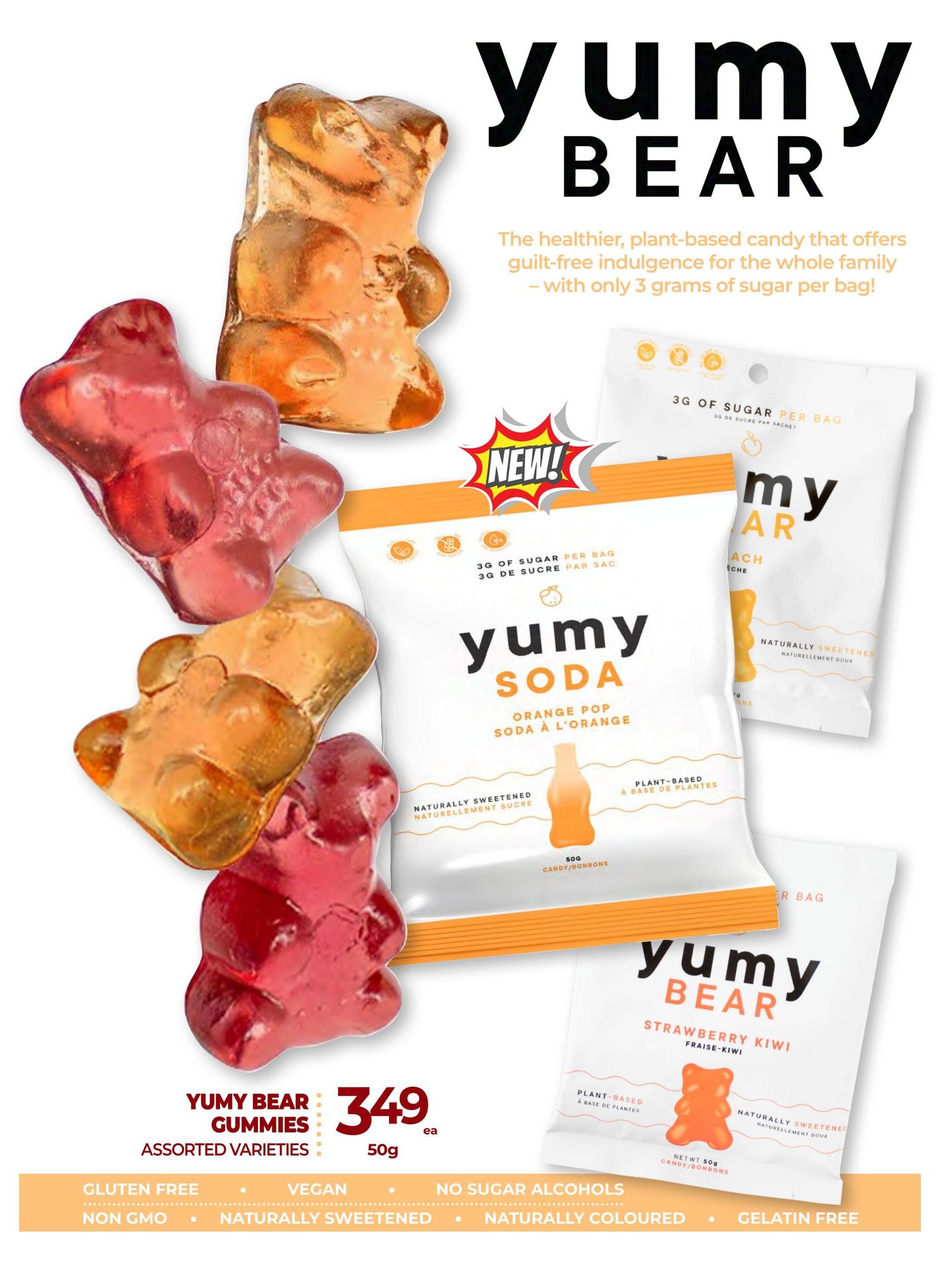 Vince's Market flyer page featuring Yumy Bear gummies. The page highlights Yumy Bear as a healthier, plant-based candy with only 3 grams of sugar per bag. Featured products include Yumy Soda Orange Pop gummies and Yumy Bear Strawberry Kiwi gummies, both 50g bags. The Yumy Bear Gummies Assorted Varieties are priced at $3.49 each for a 50g bag. The gummies are described as gluten-free, vegan, non-GMO, naturally sweetened, naturally coloured, and gelatin-free.