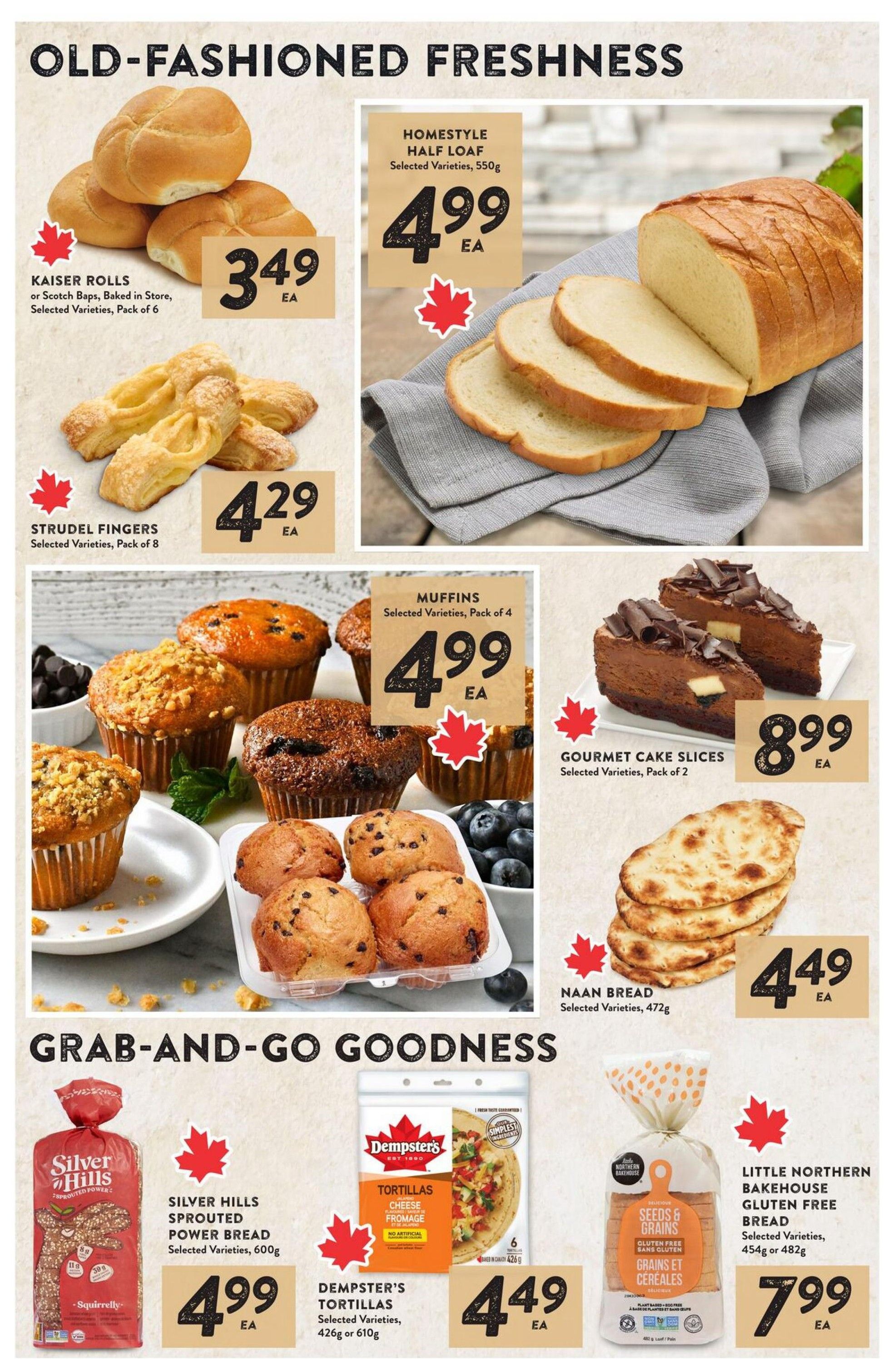 Nesters Market weekly flyer specials page 6 features 'Old-Fashioned Freshness' and 'Grab-and-Go Goodness'. Featured bakery items include Kaiser Rolls or Scotch Baps for $3.49, Strudel Fingers (Pack of 8) for $4.29, Homestyle Half Loaf (550g) for $4.99, Muffins (Pack of 4) for $4.99, Gourmet Cake Slices (Pack of 2) for $8.99, and Naan Bread (472g) for $4.49. Grab-and-go options include Silver Hills Sprouted Power Bread (600g) for $4.99, Dempster's Tortillas (426g or 610g) for $4.49, and Little Northern Bakehouse Gluten Free Bread (454g or 482g) for $7.99.