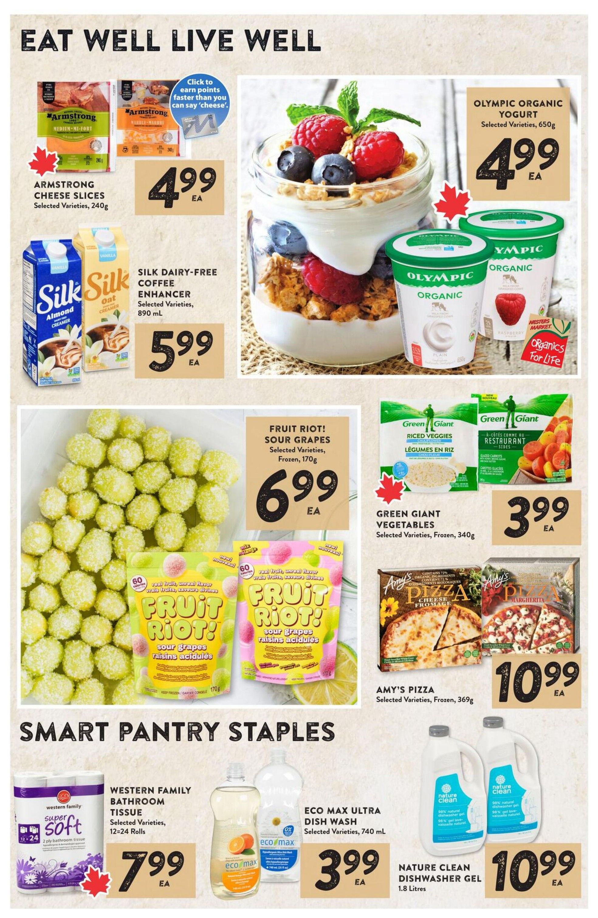 Nesters Market weekly flyer specials page 8 features 'Eat Well Live Well' and 'Smart Pantry Staples' sections. Featured products include Armstrong Cheese Slices for $4.99 EA, Silk Dairy-Free Coffee Enhancer for $5.99 EA, Olympic Organic Yogurt for $4.99 EA, Fruit Riot! Sour Grapes for $6.99 EA, Green Giant Vegetables for $3.99 EA, Amy's Pizza for $10.99 EA, Western Family Bathroom Tissue for $7.99 EA, Eco Max Ultra Dish Wash for $3.99 EA, and Nature Clean Dishwasher Gel for $10.99 EA.