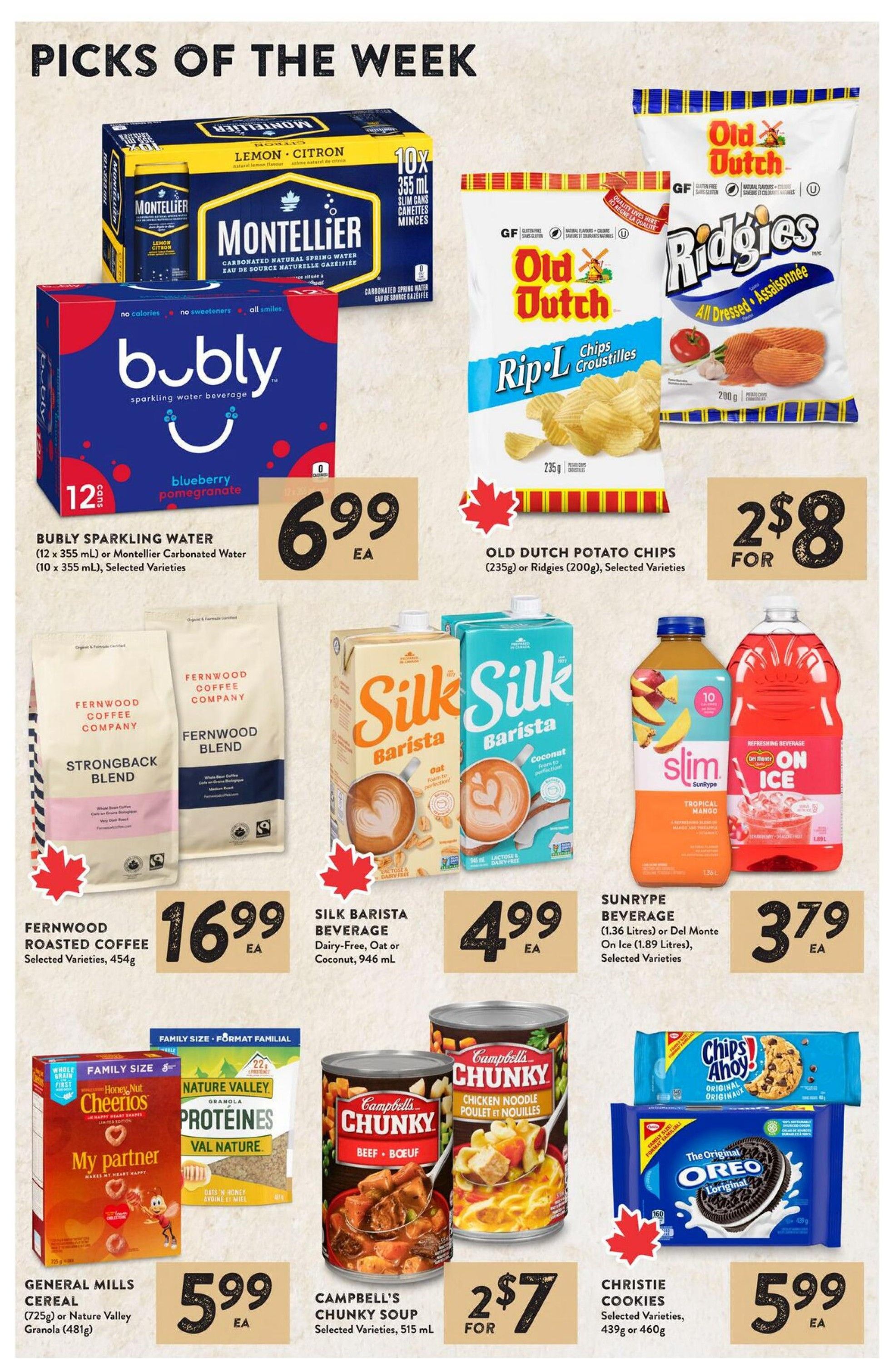 Nesters Market Picks of the Week flyer page featuring Montellier Carbonated Spring Water 10 x 355 mL for $6.99 each, and Bubly Sparkling Water (12 x 355 mL) or Montellier Carbonated Water (10 x 355 mL) selected varieties for $6.99 each. Also featured are Old Dutch Potato Chips (235g) or Ridgies (200g) selected varieties for 2 for $8. Fernwood Roasted Coffee Strongback Blend or Fernwood Blend (454g) is $16.99 each. Silk Barista Beverage Dairy-Free, Oat or Coconut (946 mL) is $4.99 each. Sunrype Beverage (1.36 Litres) or Del Monte On Ice (1.89 Litres) selected varieties are $3.79 each. General Mills Cereal (725g) or Nature Valley Granola (481g) is $5.99 each. Campbell's Chunky Soup selected varieties (515 mL) is 2 for $7. Christie Cookies selected varieties (439g or 460g) are $5.99 each.