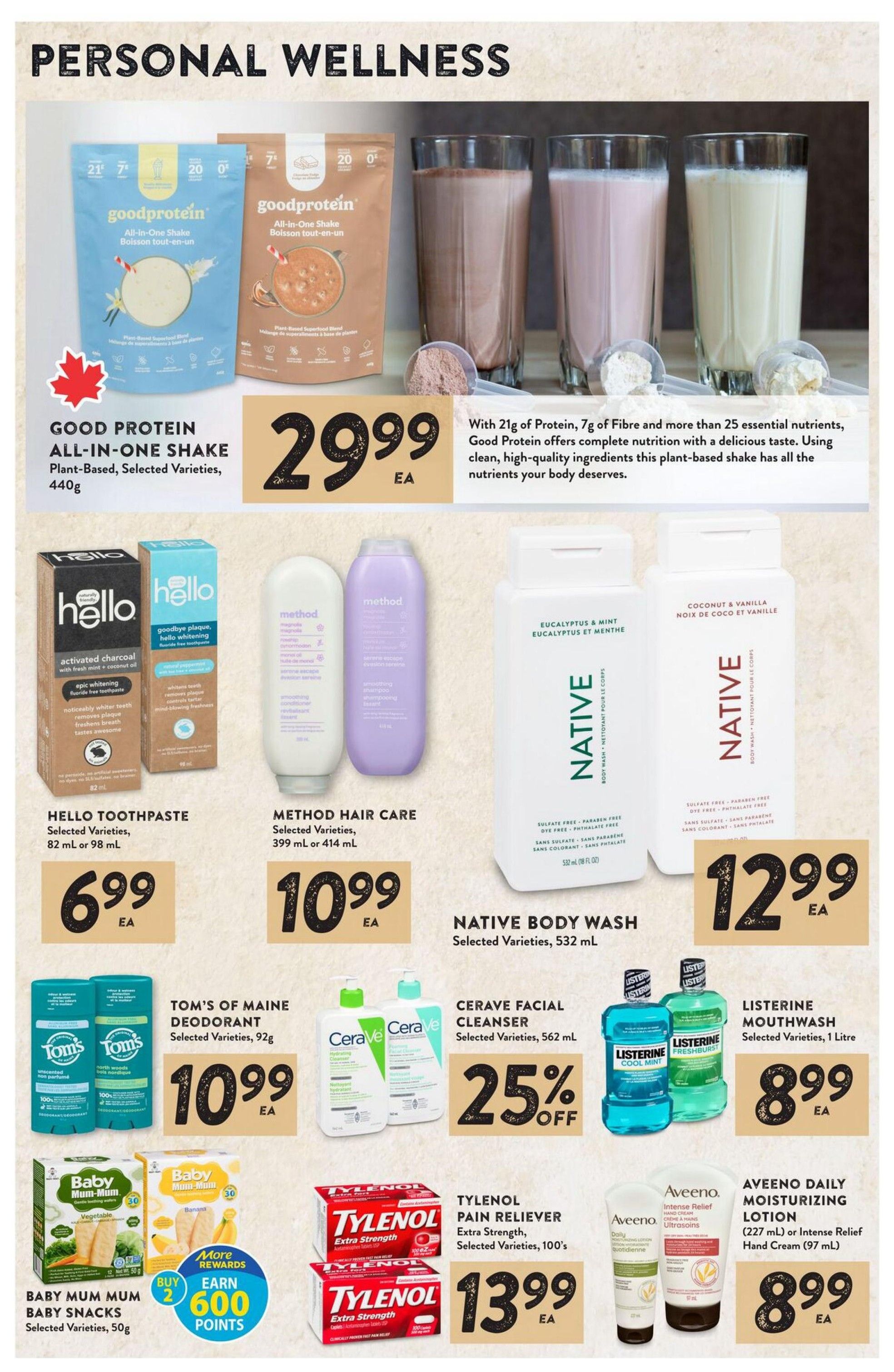Nesters Market Personal Wellness page featuring Good Protein All-in-One Shake, Plant-Based, Selected Varieties, 440g for $29.99. Also featured are Hello Toothpaste, Selected Varieties, 82 mL or 98 mL for $6.99, Method Hair Care, Selected Varieties, 399 mL or 414 mL for $10.99, and Native Body Wash, Selected Varieties, 532 mL for $12.99. Other deals include Tom's of Maine Deodorant, Selected Varieties, 92g for $10.99, Cerave Facial Cleanser, Selected Varieties, 562 mL at 25% off, and Listerine Mouthwash, Selected Varieties, 1 Litre for $8.99. Baby Mum Mum Baby Snacks, Selected Varieties, 50g are available with a buy 2, earn 600 points offer. Tylenol Pain Reliever, Extra Strength, Selected Varieties, 100's are $13.99. Aveeno Daily Moisturizing Lotion (227 mL) or Intense Relief Hand Cream (97 mL) are $8.99.