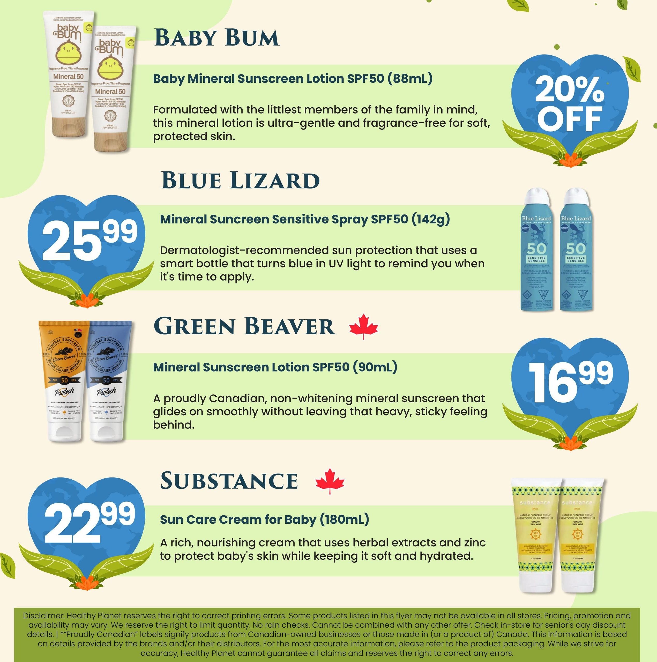 Healthy Planet flyer page 7 features sun care products for babies. Baby Bum Mineral Sunscreen Lotion SPF50 (88mL) is 20% off. Blue Lizard Mineral Sunscreen Sensitive Spray SPF50 (142g) is $25.99. Green Beaver Mineral Sunscreen Lotion SPF50 (90mL) is $16.99. Substance Sun Care Cream for Baby (180mL) is $22.99. The page includes product descriptions and pricing details.