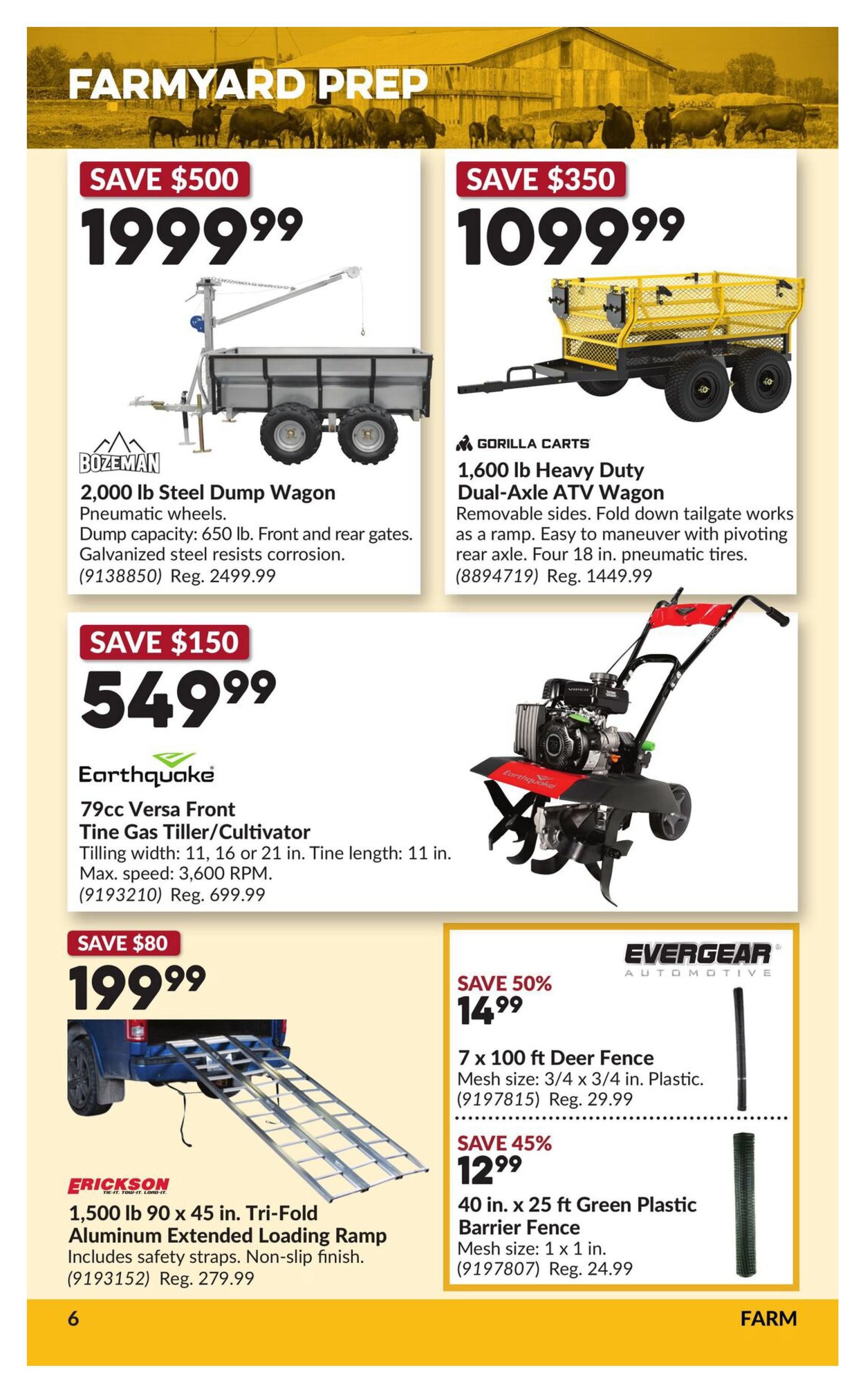 Princess Auto flyer page 10, featuring 'Farmyard Prep' items. Top left: BozeMan 2,000 lb Steel Dump Wagon with pneumatic wheels, dump capacity 650 lb, front and rear gates, galvanized steel, on sale for $199.99 (Save $500, Reg. $2499.99). Top right: Gorilla Carts 1,600 lb Heavy Duty Dual-Axle ATV Wagon with removable sides and pivoting rear axle, on sale for $1099.99 (Save $350, Reg. $1449.99). Middle left: Earthquake 79cc Versa Front Tine Gas Tiller/Cultivator with 11, 16, or 21 in. tilling width and 11 in. tine length, max speed 3,600 RPM, on sale for $549.99 (Save $150, Reg. $699.99). Bottom left: Erickson 1,500 lb 90 x 45 in. Tri-Fold Aluminum Extended Loading Ramp with safety straps and non-slip finish, on sale for $199.99 (Save $80). Bottom right: Evergear Automotive 7 x 100 ft Deer Fence, 3/4 x 3/4 in. plastic mesh, on sale for $14.99 (Save 50%, Reg. $29.99). Below that: 40 in. x 25 ft Green Plastic Barrier Fence, 1 x 1 in. mesh, on sale for $12.99 (Save 45%, Reg. $24.99).