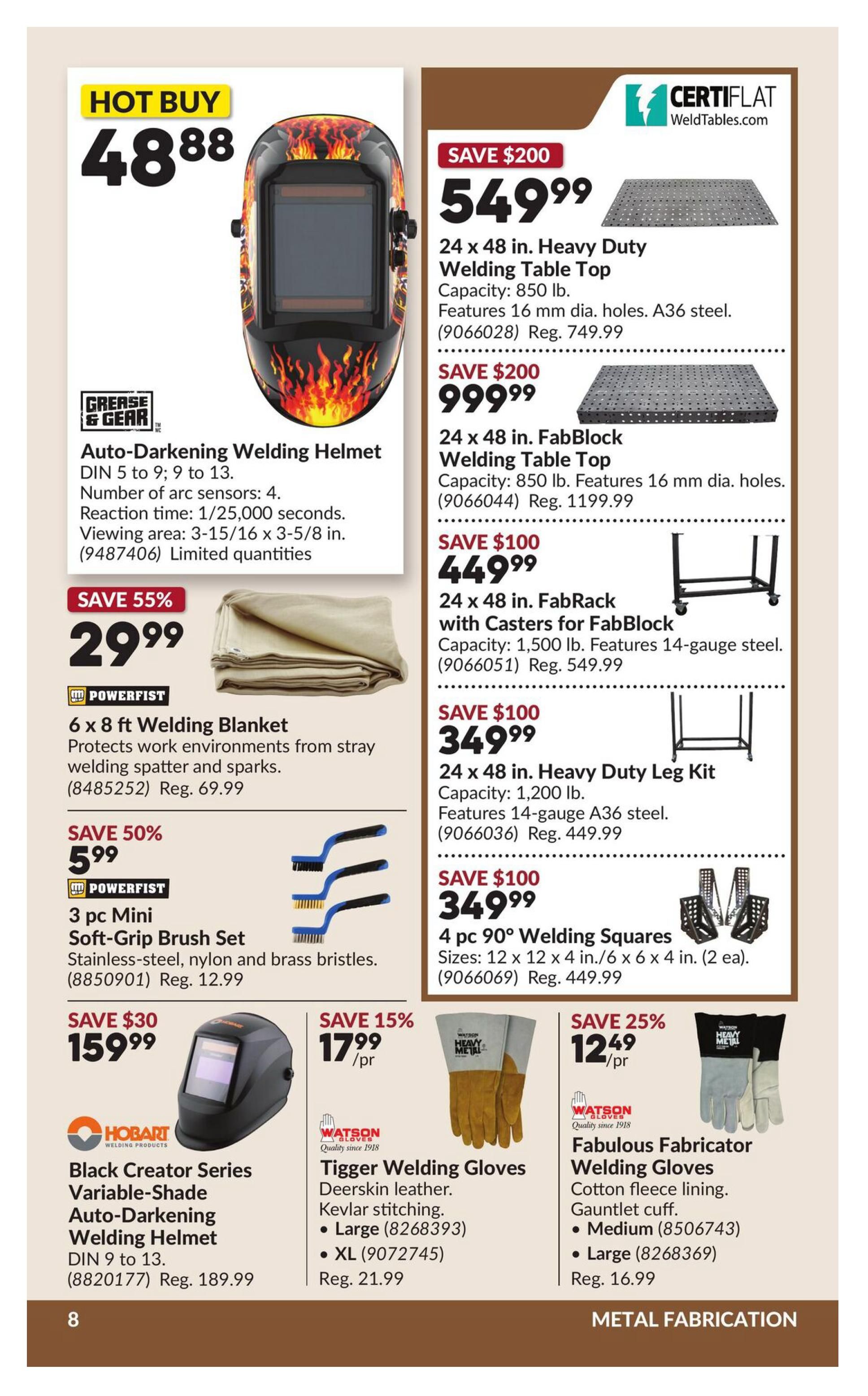 Princess Auto flyer page 12 features metal fabrication and welding supplies. Hot Buy: Auto-Darkening Welding Helmet for $48.88. Save 55% on a 6 x 8 ft Welding Blanket for $29.99 (Reg. $69.99). Save 50% on a Powerfist 3 pc Mini Soft-Grip Brush Set for $5.99 (Reg. $12.99). Hobart Black Creator Series Variable-Shade Auto-Darkening Welding Helmet is on sale for $159.99 (Reg. $189.99). Save $200 on a 24 x 48 in. Heavy Duty Welding Table Top for $549.99 (Reg. $749.99). Another 24 x 48 in. FabBlock Welding Table Top is $999.99 (Reg. $1199.99). Save $100 on a 24 x 48 in. FabRack with Casters for $449.99 (Reg. $549.99). Also save $100 on a 24 x 48 in. Heavy Duty Leg Kit for $349.99 (Reg. $449.99). Save $100 on 4 pc 90° Welding Squares for $349.99 (Reg. $449.99). Watson Tigger Welding Gloves are save 15% at $17.99/pr (Reg. $21.99). Watson Fabulous Fabricator Welding Gloves are save 25% at $12.49/pr (Reg. $16.99).