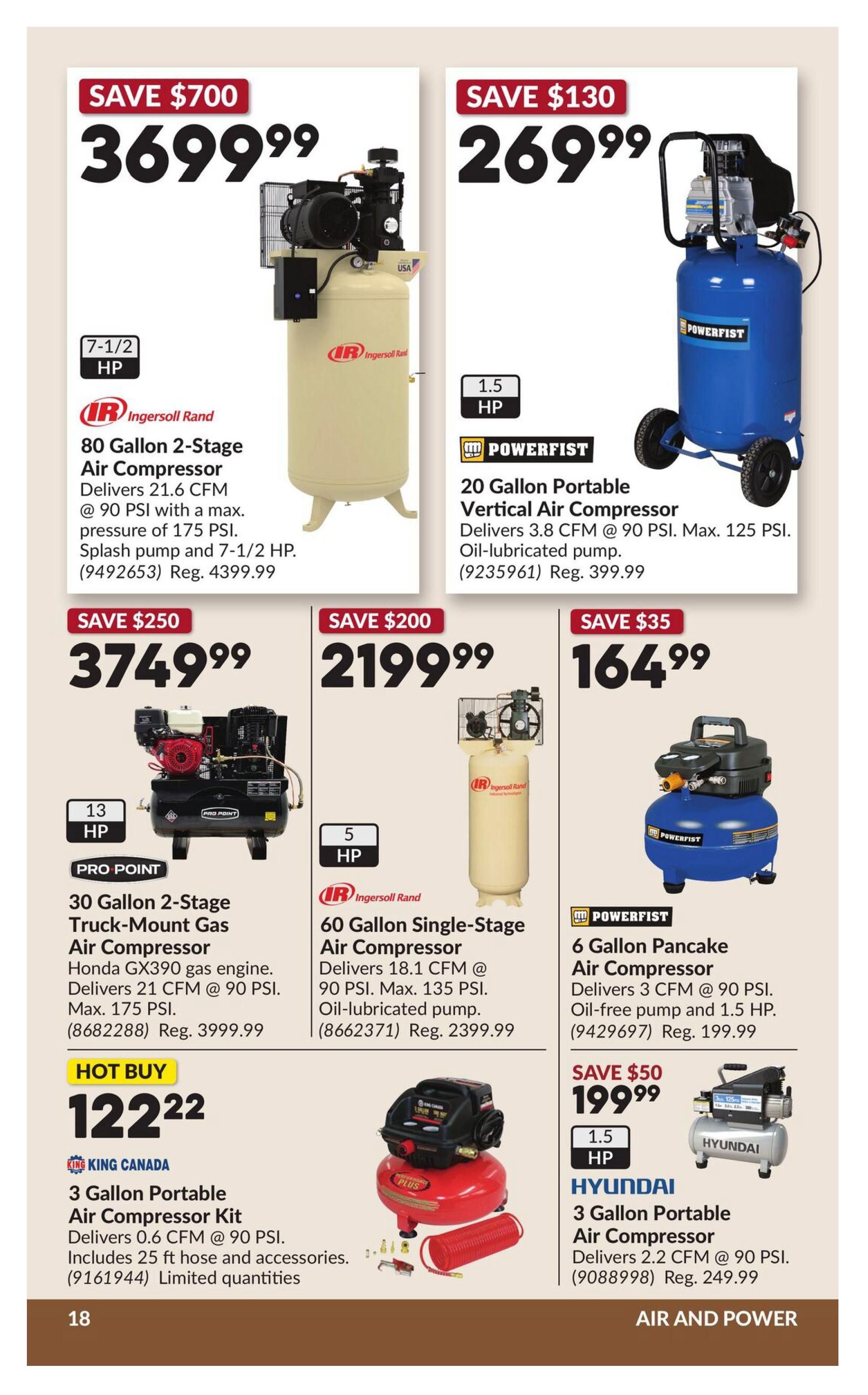 Princess Auto flyer specials page 23 features various air compressors. Save $700 on an Ingersoll Rand 80 Gallon 2-Stage Air Compressor with 7-1/2 HP, delivering 21.6 CFM @ 90 PSI and a max pressure of 175 PSI, for $3699.99 (Reg. $4399.99). Save $130 on a Powerfist 20 Gallon Portable Vertical Air Compressor with 1.5 HP, delivering 3.8 CFM @ 90 PSI and max 125 PSI, for $269.99 (Reg. $399.99). Save $250 on a Pro Point 30 Gallon 2-Stage Truck-Mount Gas Air Compressor with 13 HP, featuring a Honda GX390 gas engine, delivering 21 CFM @ 90 PSI and max 175 PSI, for $3749.99 (Reg. $3999.99). Save $200 on an Ingersoll Rand 60 Gallon Single-Stage Air Compressor with 5 HP, delivering 18.1 CFM @ 90 PSI and max 135 PSI, for $2199.99 (Reg. $2399.99). Save $35 on a Powerfist 6 Gallon Pancake Air Compressor with 1.5 HP, delivering 3 CFM @ 90 PSI, for $164.99 (Reg. $199.99). Hot Buy: King Canada 3 Gallon Portable Air Compressor Kit with 0.6 CFM @ 90 PSI, includes 25 ft hose and accessories, for $122.22 with limited quantities. Save $50 on a Hyundai 3 Gallon Portable Air Compressor with 1.5 HP, delivering 2.2 CFM @ 90 PSI, for $199.99 (Reg. $249.99). The page is titled 'AIR AND POWER'.