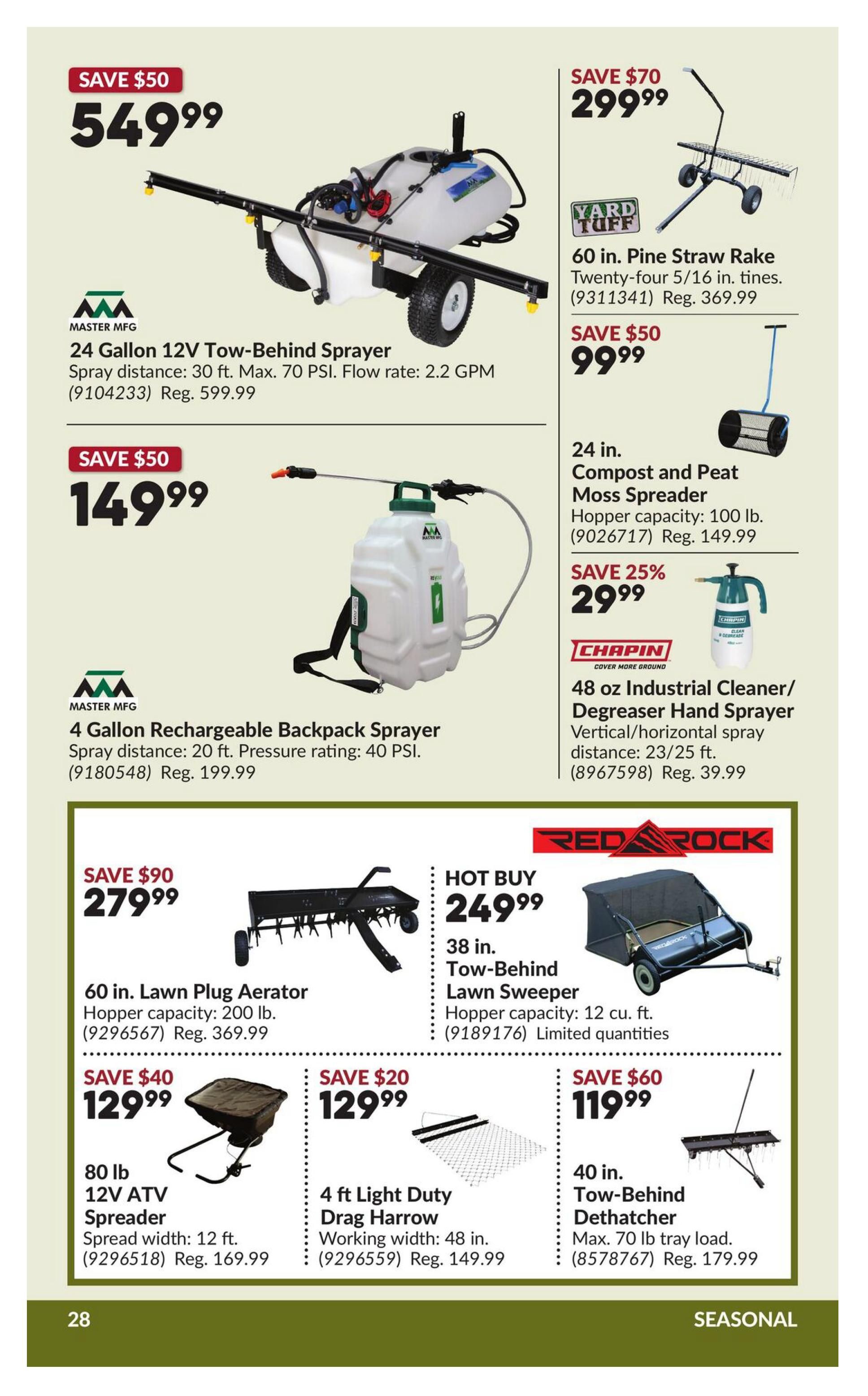 Princess Auto flyer specials page 33 features a 24 Gallon 12V Tow-Behind Sprayer for $549.99 (Save $50), with a spray distance of 30 ft. and flow rate of 2.2 GPM. Also available is a 4 Gallon Rechargeable Backpack Sprayer for $149.99 (Save $50), with a spray distance of 20 ft. and pressure rating of 40 PSI. On the right, a 60 in. Pine Straw Rake is on sale for $299.99 (Save $70), featuring twenty-four 5/16 in. tines. A 24 in. Compost and Peat Moss Spreader with a 100 lb. hopper capacity is $99.99 (Save $50). The Chapin 48 oz Industrial Cleaner/Degreaser Hand Sprayer is $29.99 (Save 25%), offering vertical/horizontal spray distance of 23/25 ft. Below, a 60 in. Lawn Plug Aerator with a 200 lb. hopper capacity is $279.99 (Save $90). A 'Hot Buy' 38 in. Tow-Behind Lawn Sweeper with a 12 cu. ft. hopper capacity is $249.99, with limited quantities. Additional items include an 80 lb 12V ATV Spreader for $129.99 (Save $40), with a 12 ft. spread width, and a 4 ft Light Duty Drag Harrow for $129.99 (Save $20), with a 48 in. working width. Finally, a 40 in. Tow-Behind Dethatcher with a max 70 lb tray load is $119.99 (Save $60).