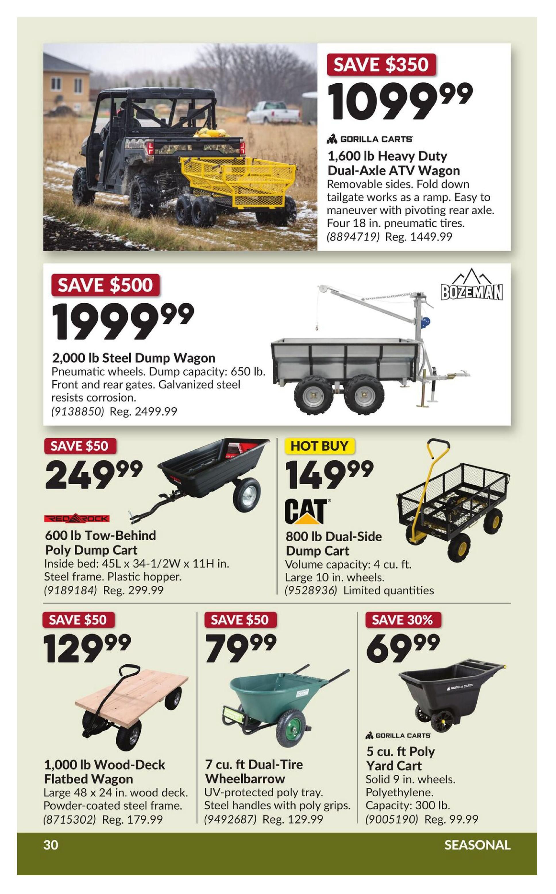 Princess Auto flyer specials page 35 features a Gorilla Carts 1,600 lb Heavy Duty Dual-Axle ATV Wagon on sale for $109.99, saving $350 off the regular price of $144.99. It has removable sides, a fold-down tailgate that works as a ramp, and four 18-inch pneumatic tires. Also featured is a 2,000 lb Steel Dump Wagon for $199.99, saving $500 off the regular price of $249.99. This wagon has pneumatic wheels, a 650 lb dump capacity, and galvanized steel that resists corrosion. A CAT 800 lb Dual-Side Dump Cart is a hot buy at $149.99 with a 4 cu. ft. volume capacity and large 10-inch wheels, with limited quantities available. A Red Rock 600 lb Tow-Behind Poly Dump Cart is on sale for $249.99, saving $50 off the regular price of $299.99. It has a steel frame and plastic hopper with inside dimensions of 45L x 34-1/2W x 11H inches. Additionally, a 1,000 lb Wood-Deck Flatbed Wagon is available for $129.99, saving $50 off the regular price of $179.99. This wagon is large, 48 x 24 inches, with a wood deck and powder-coated steel frame. A 7 cu. ft. Dual-Tire Wheelbarrow is on sale for $79.99, saving $50 off the regular price of $129.99. It has a UV-protected poly tray and steel handles with poly grips. Finally, a Gorilla Carts 5 cu. ft. Poly Yard Cart is 30% off, priced at $69.99, down from $99.99. It has solid 9-inch polyethylene wheels and a capacity of 300 lb.
