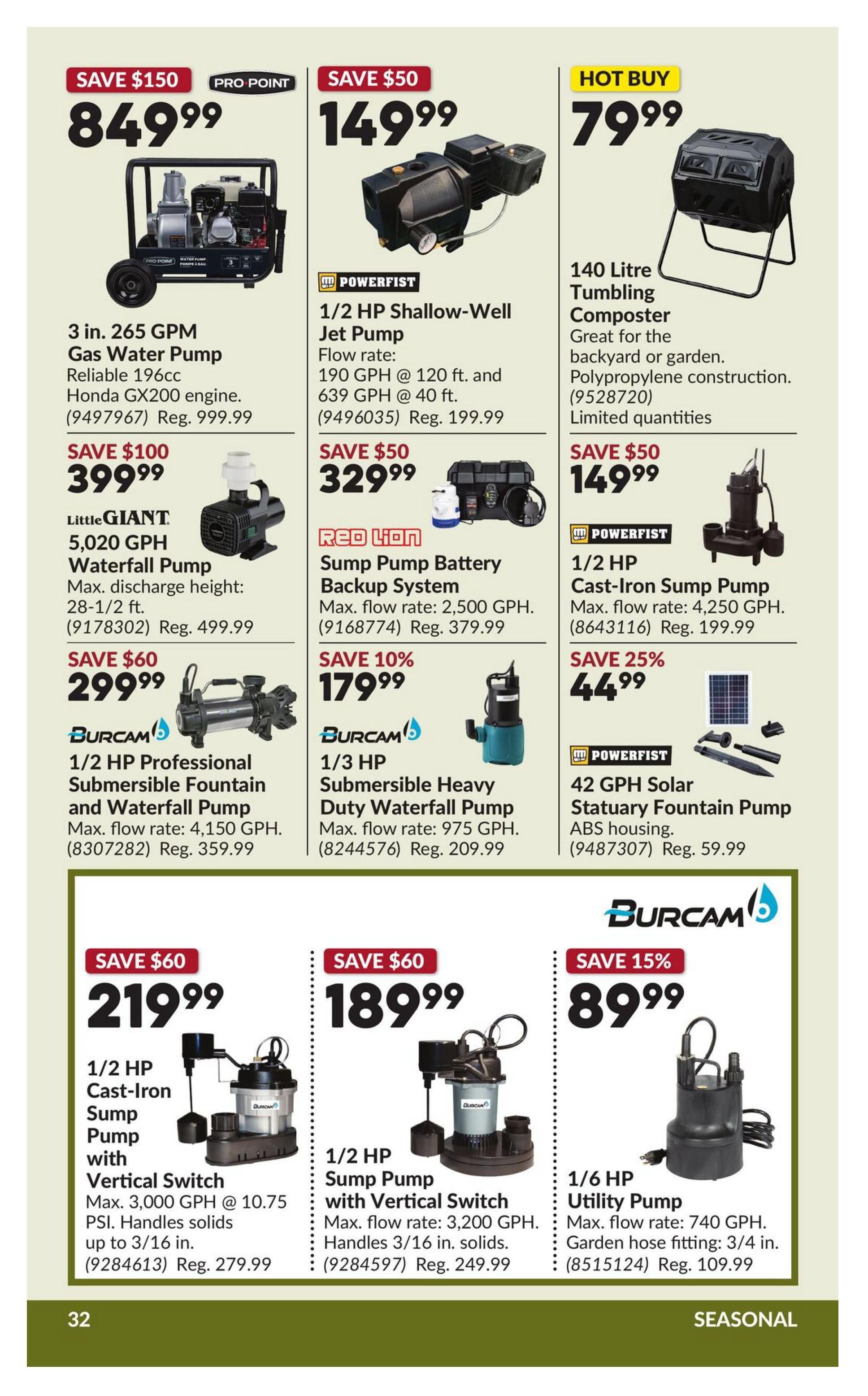 Princess Auto flyer specials page 37 featuring various pumps and a composter. Top row includes a 3 in. 265 GPM Gas Water Pump for $849.99 (Save $150), a 1/2 HP Shallow-Well Jet Pump for $149.99 (Save $50), and a 140 Litre Tumbling Composter for $79.99 (Hot Buy). Second row features a Little GIANT 5,020 GPH Waterfall Pump for $399.99 (Save $100), a RED LION Sump Pump Battery Backup System for $329.99 (Save $50), a 1/2 HP Cast-Iron Sump Pump for $149.99 (Save $50), and a BURCAM 1/3 HP Submersible Heavy Duty Waterfall Pump for $179.99 (Save 10%). Also shown is a BURCAM 1/2 HP Professional Submersible Fountain and Waterfall Pump for $299.99 (Save $60) and a POWERFIST 42 GPH Solar Statuary Fountain Pump for $44.99 (Save 25%). Bottom row displays a 1/2 HP Cast-Iron Sump Pump with Vertical Switch for $219.99 (Save $60), another 1/2 HP Sump Pump with Vertical Switch for $189.99 (Save $60), and a 1/6 HP Utility Pump for $89.99 (Save 15%).