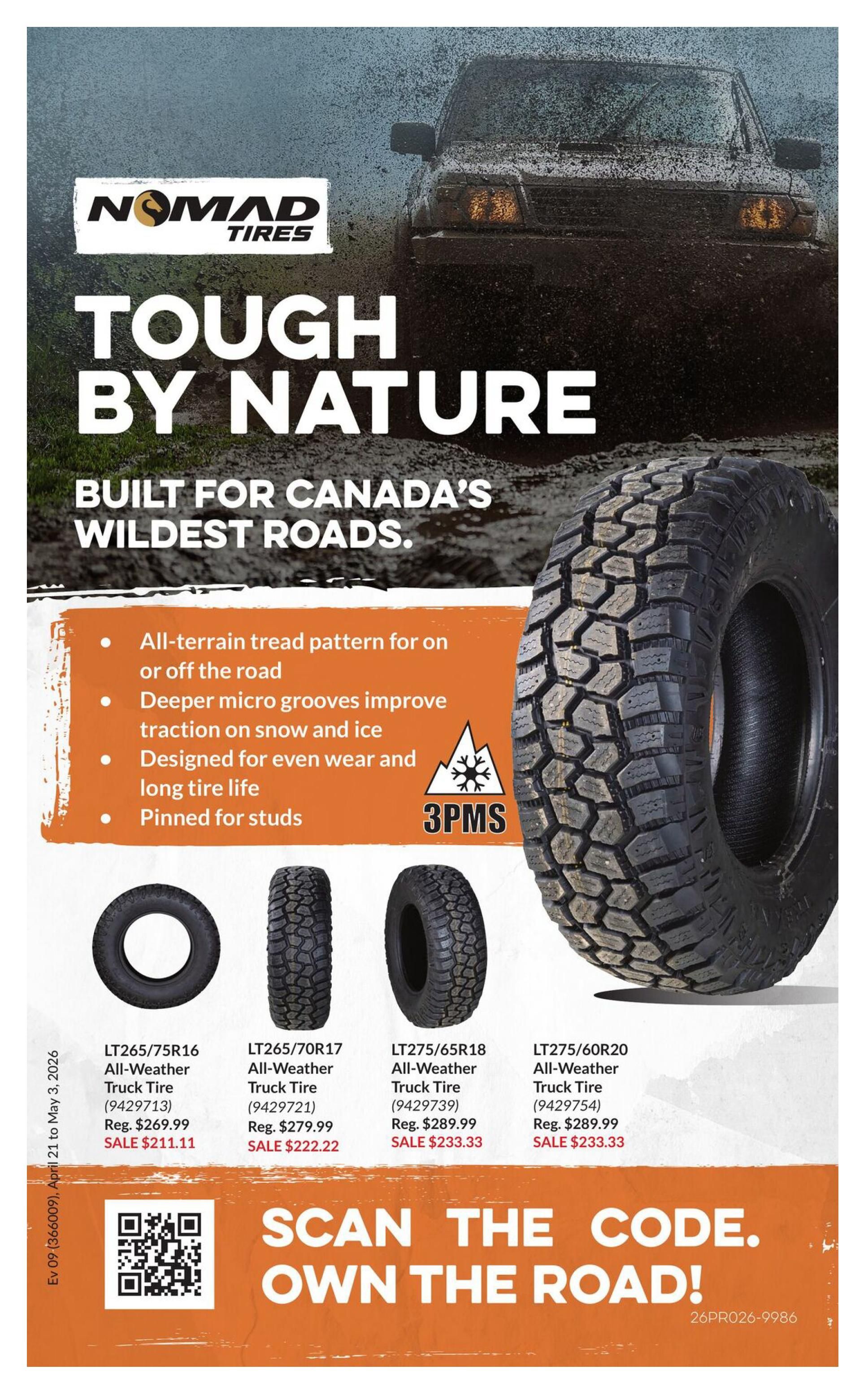 Princess Auto flyer page 52 features Nomad Tires, described as 'Tough by Nature' and 'Built for Canada's Wildest Roads'. Key features include an all-terrain tread pattern, deeper micro grooves for improved traction on snow and ice, design for even wear and long tire life, and being pinned for studs, indicated by a 3PMS symbol. Featured tires include: LT265/75R16 All-Weather Truck Tire (9429713) on sale for $211.11 (regular $269.99); LT265/70R17 All-Weather Truck Tire (9429721) on sale for $222.22 (regular $279.99); LT275/65R18 All-Weather Truck Tire (9429739) on sale for $233.33 (regular $289.99); and LT275/60R20 All-Weather Truck Tire (9429754) on sale for $233.33 (regular $289.99). The page also includes a QR code and the call to action 'Scan the code. Own the road!'