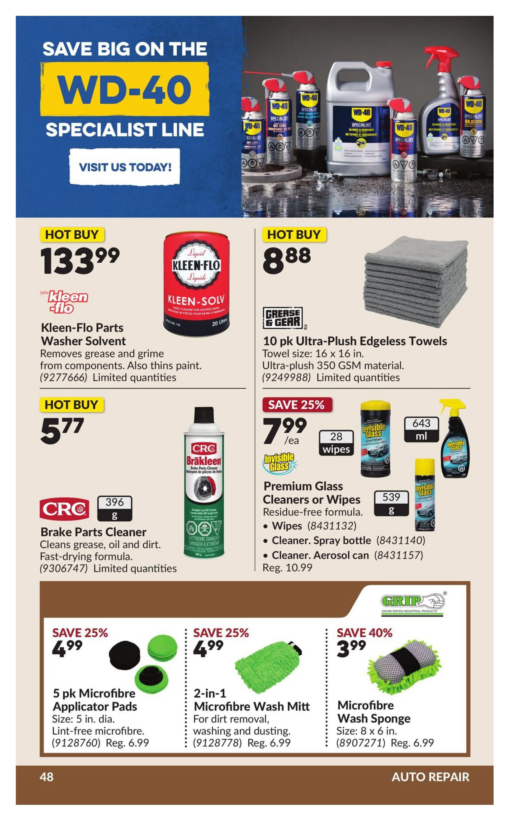 Princess Auto flyer page 53 features 'Save Big on the WD-40 Specialist Line' with a call to action to 'Visit Us Today!'. Hot Buy items include Kleen-Flo Parts Washer Solvent for $133.99, described as removing grease and grime and thinning paint. Also featured is a Hot Buy of 10 pk Ultra-Plush Edgeless Towels from Grease & Gear for $8.88, made of ultra-plush 350 GSM material. Save 25% on CRC Brake Parts Cleaner for $5.77, which cleans grease, oil, and dirt with a fast-drying formula. Save 25% on Invisible Glass Premium Glass Cleaners or Wipes for $7.99 each, with options for 28 wipes, a 643 ml spray bottle cleaner, or a 539 g aerosol can cleaner. Regular price for the cleaner was $10.99. Additional savings include 25% off 5 pk Microfibre Applicator Pads (5 in. dia., lint-free) for $4.99 (regularly $6.99) and 25% off a 2-in-1 Microfibre Wash Mitt for $4.99 (regularly $6.99). Save 40% on a GRIP Microfibre Wash Sponge (8 x 6 in.) for $3.99 (regularly $6.99). The page is titled 'Auto Repair'.