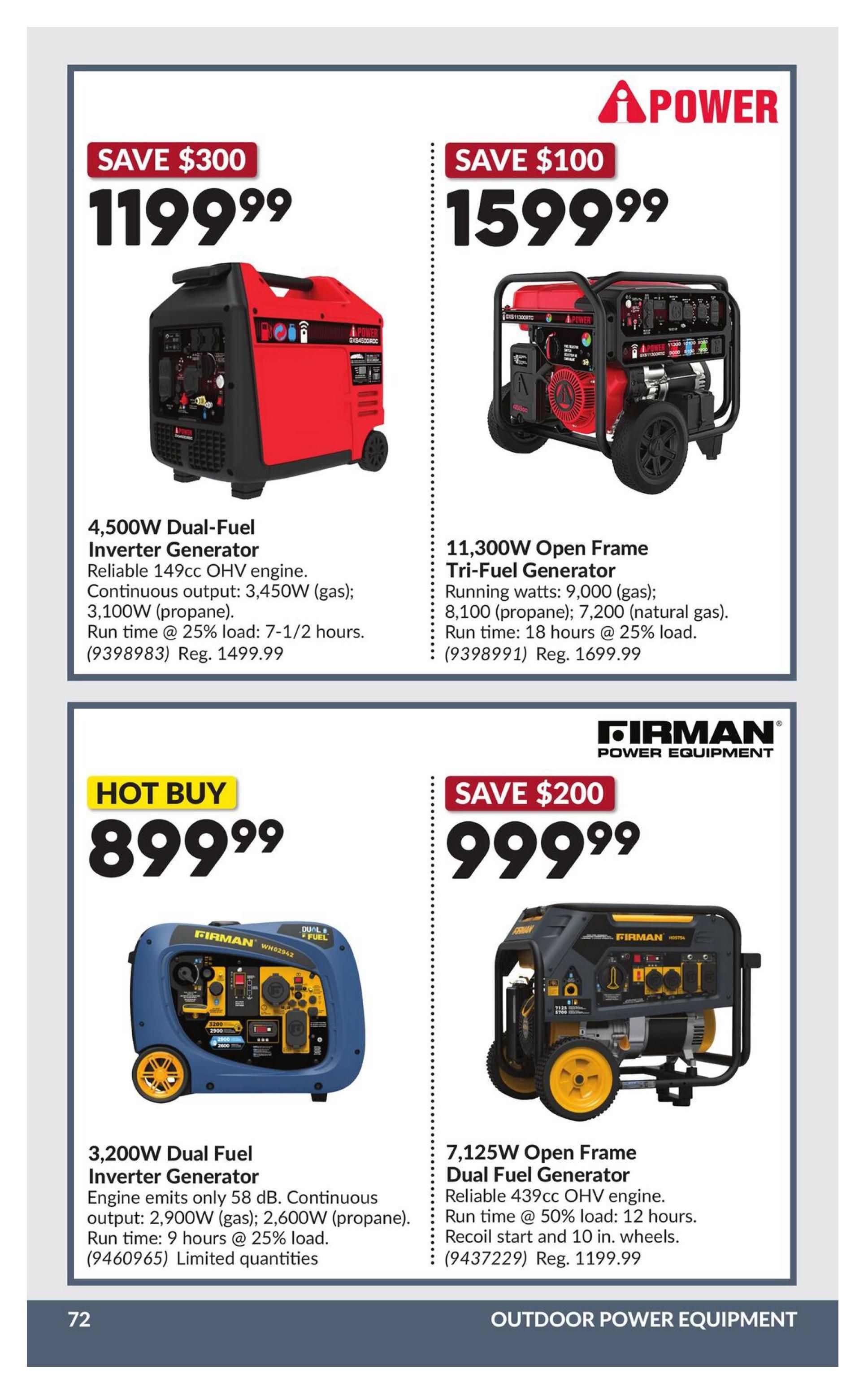 Princess Auto flyer specials page 77 features outdoor power equipment. Top left: APower 4,500W Dual-Fuel Inverter Generator, save $300, now $1199.99. Features reliable 149cc OHV engine, continuous output of 3,450W (gas) and 3,100W (propane), with a run time of 7-1/2 hours at 25% load. Regular price $1499.99. Top right: APower 11,300W Open Frame Tri-Fuel Generator, save $100, now $1599.99. Running watts: 9,000 (gas), 8,100 (propane), 7,200 (natural gas). Run time: 18 hours at 25% load. Regular price $1699.99. Bottom left: FIRMAN 3,200W Dual Fuel Inverter Generator, Hot Buy price $899.99. Engine emits only 58 dB, continuous output of 2,900W (gas) and 2,600W (propane). Run time: 9 hours at 25% load. Limited quantities. Bottom right: FIRMAN 7,125W Open Frame Dual Fuel Generator, save $200, now $999.99. Features reliable 439cc OHV engine, run time at 50% load is 12 hours. Includes recoil start and 10 in. wheels. Regular price $1199.99.