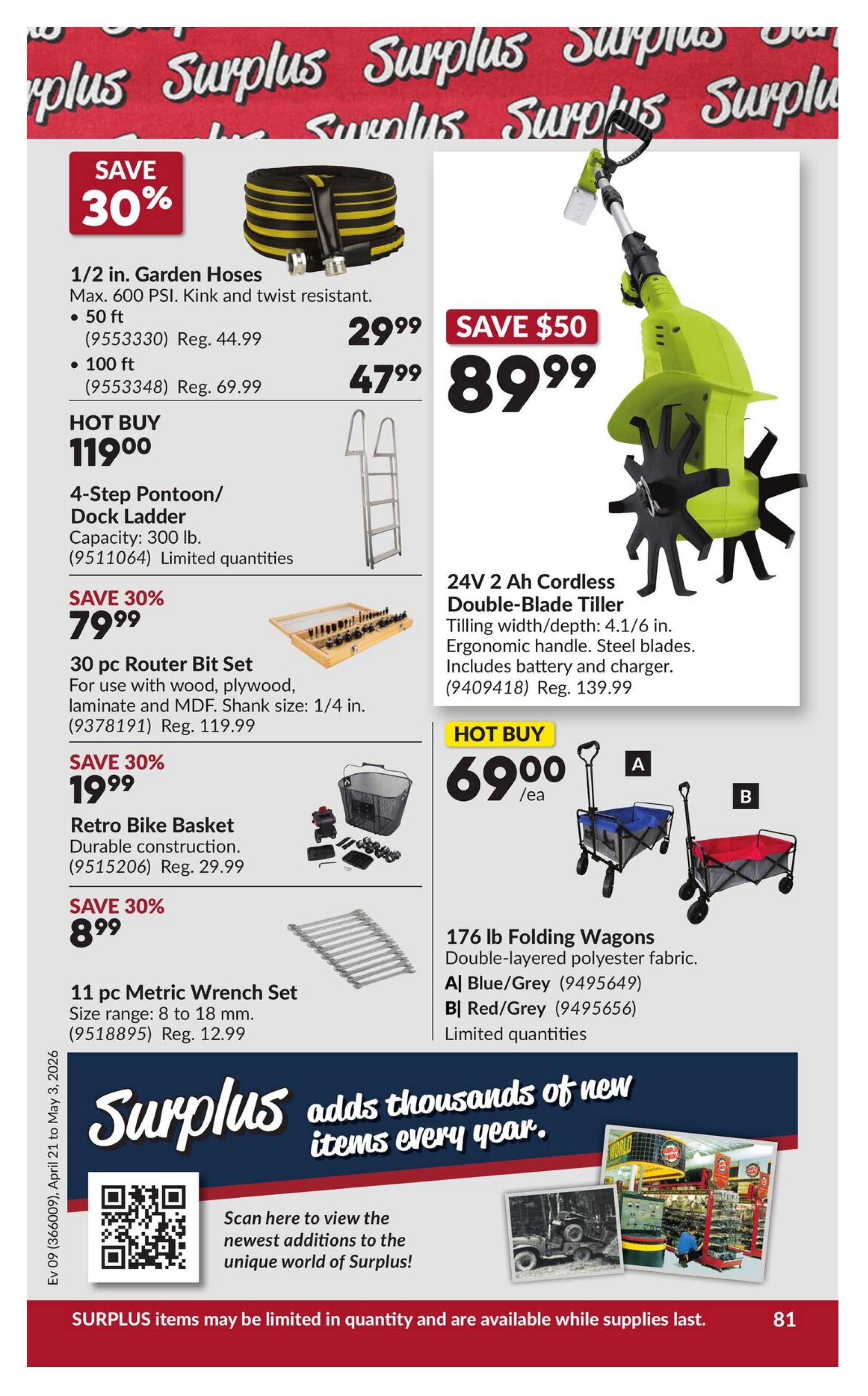 Princess Auto flyer page 86 featuring surplus items. Save 30% on 1/2 in. Garden Hoses, available in 50 ft for $29.99 (reg. $44.99) and 100 ft for $47.99 (reg. $69.99). Hot Buy: 4-Step Pontoon/Dock Ladder with 300 lb capacity for $119.00. Save 30% on a 30 pc Router Bit Set for $79.99 (reg. $119.99). Save 30% on a Retro Bike Basket for $19.99 (reg. $29.99). Save 30% on an 11 pc Metric Wrench Set (size range 8 to 18 mm) for $8.99 (reg. $12.99). On the right side, save $50 on a 24V 2 Ah Cordless Double-Blade Tiller for $89.99 (reg. $139.99), including battery and charger. Hot Buy: 176 lb Folding Wagons with double-layered polyester fabric are $69.00 each, available in Blue/Grey or Red/Grey. Limited quantities apply to the tiller and wagons. The page also features a 'Surplus adds thousands of new items every year' message with a QR code to scan for the newest additions.