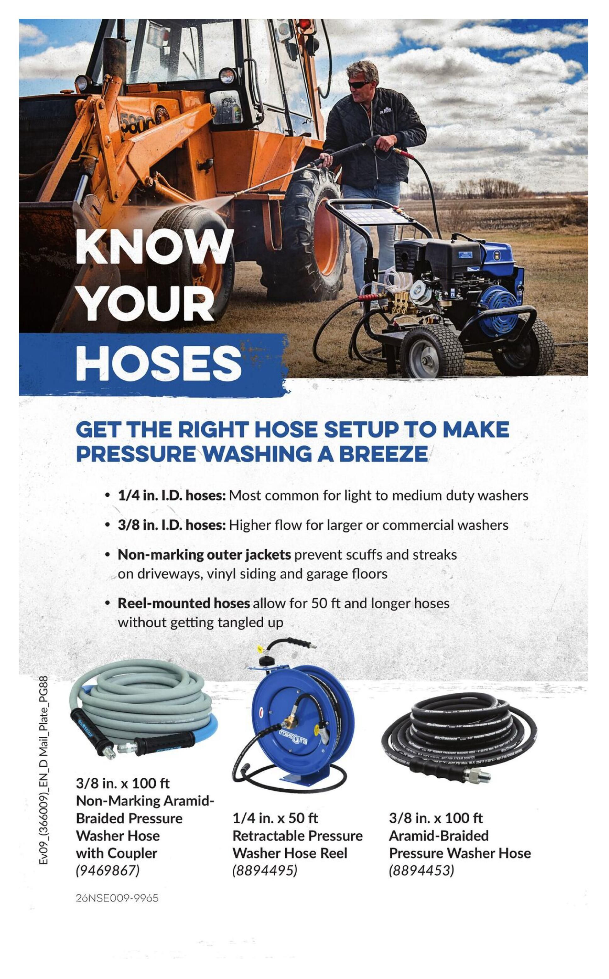 Princess Auto flyer page 93, 'Know Your Hoses' section. Features advice on choosing the right pressure washer hoses, including 1/4 in. I.D. hoses for light to medium duty washers and 3/8 in. I.D. hoses for higher flow. Highlights non-marking outer jackets to prevent scuffs and streaks, and reel-mounted hoses for tangle-free storage. Showcases three products: a 3/8 in. x 100 ft Non-Marking Aramid-Braided Pressure Washer Hose with Coupler (item 9469867), a 1/4 in. x 50 ft Retractable Pressure Washer Hose Reel (item 8894495), and a 3/8 in. x 100 ft Aramid-Braided Pressure Washer Hose (item 8894453).