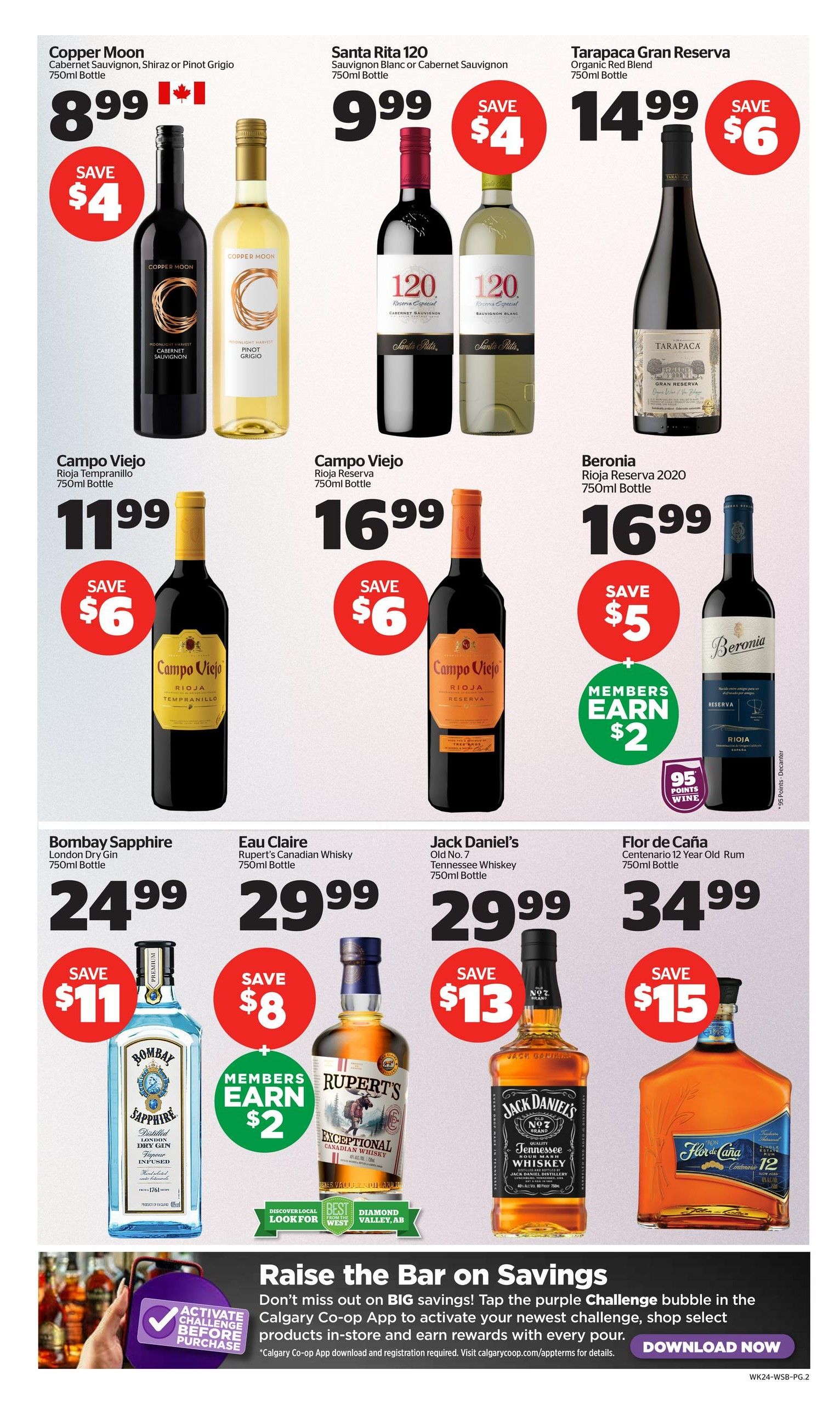 Calgary Co-op Wine Spirits Beer flyer, page 2. Featured products include Copper Moon Cabernet Sauvignon, Shiraz or Pinot Grigio 750ml bottle for $8.99 with a $4 saving. Santa Rita 120 Sauvignon Blanc or Cabernet Sauvignon 750ml bottle is $9.99, save $4. Tarapaca Gran Reserva Organic Red Blend 750ml bottle is $14.99, save $6. Campo Viejo Rioja Tempranillo 750ml bottle is $11.99, save $6. Campo Viejo Rioja Reserva 750ml bottle is $16.99, save $6. Beronia Rioja Reserva 2020 750ml bottle is $16.99, save $5, and members earn $2. Bombay Sapphire London Dry Gin 750ml bottle is $24.99, save $11. Eau Claire Rupert's Canadian Whisky 750ml bottle is $29.99, save $8, and members earn $2. Jack Daniel's Old No. 7 Tennessee Whiskey 750ml bottle is $29.99, save $13. Flor de Caña Centenario 12 Year Old Rum 750ml bottle is $34.99, save $15. The bottom section promotes the Calgary Co-op App for savings, with a download now button.