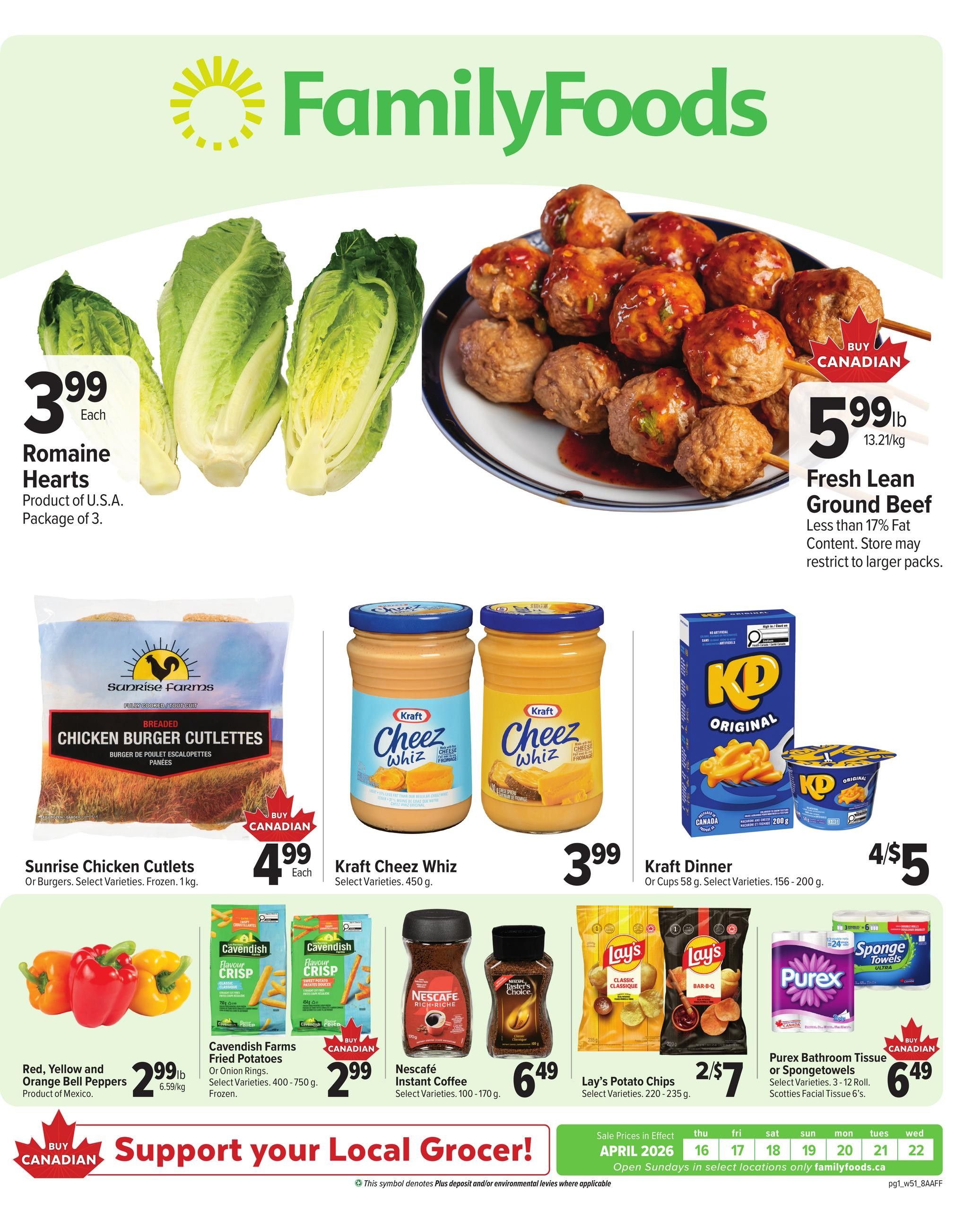 Family Foods weekly flyer specials page 1 features Romaine Hearts for $3.99 each, Fresh Lean Ground Beef at $5.99 per lb, Sunrise Chicken Cutlets for $4.99 each, Kraft Cheez Whiz for $3.99, Kraft Dinner for 4 for $5, Red, Yellow and Orange Bell Peppers for $2.99 per lb, Cavendish Farms Fried Potatoes for $2.99, Nescafé Instant Coffee for $6.49, Lay's Potato Chips for 2 for $7, and Purex Bathroom Tissue or Spongetowels for $6.49. The flyer is valid from April 16 to April 22, 2026.