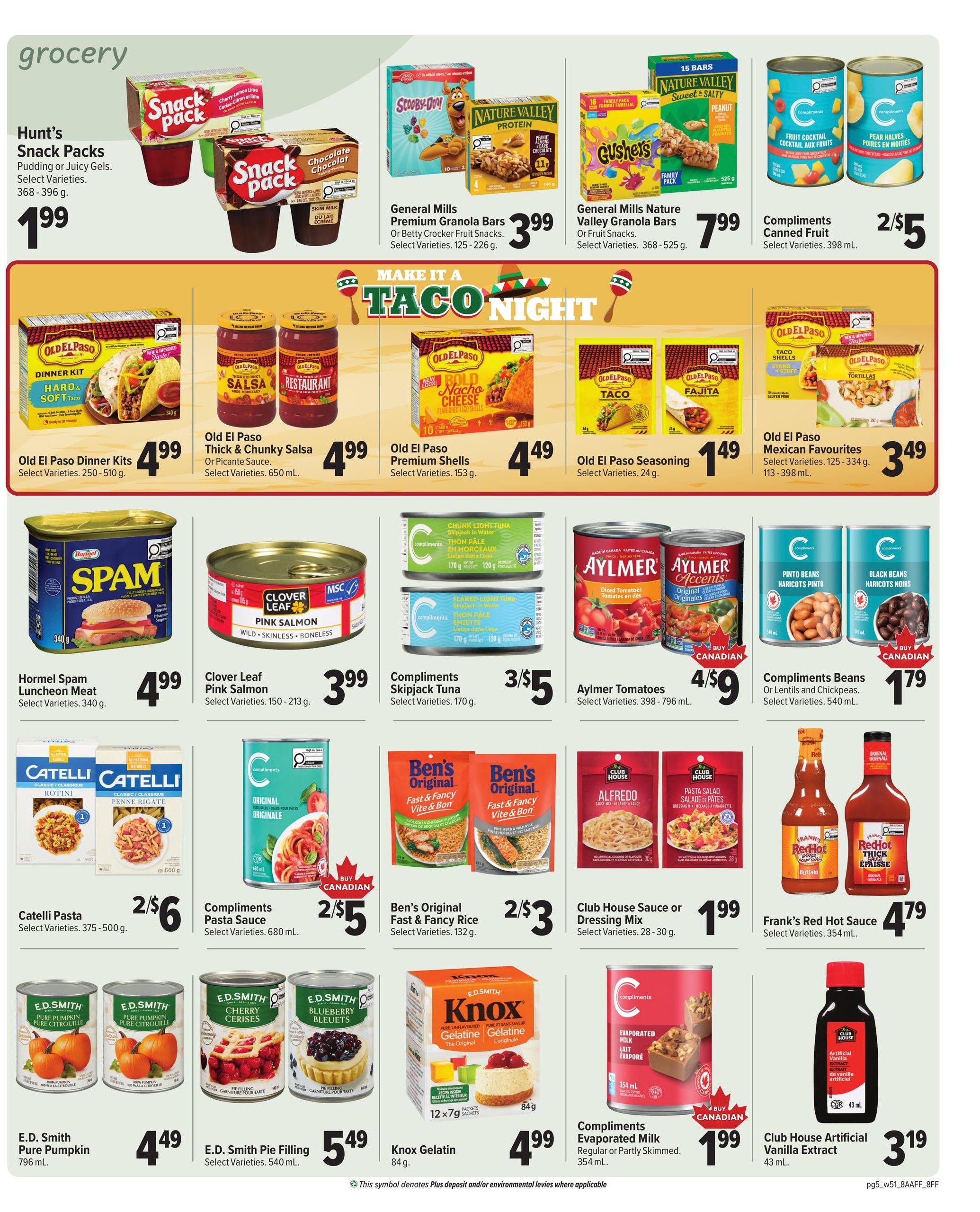 Family Foods weekly flyer specials, page 5. Featured grocery items include Hunt's Snack Packs for $1.99, General Mills Premium Granola Bars for $3.99, and General Mills Nature Valley Granola Bars for $7.99. Compliments Canned Fruit is 2 for $5. Old El Paso Dinner Kits are $4.99, Old El Paso Thick & Chunky Salsa or Picante Sauce is $4.99, Old El Paso Premium Shells are $4.49, and Old El Paso Seasoning is $1.49. Old El Paso Mexican Favourites are $3.49. Hormel Spam Luncheon Meat is $4.99. Clover Leaf Pink Salmon is $3.99. Compliments Skipjack Tuna is 3 for $5. Aylmer Tomatoes are 4 for $9. Compliments Pinto Beans or Black Beans are $1.79. Catelli Pasta is 2 for $6. Compliments Pasta Sauce is 2 for $5. Ben's Original Fast & Fancy Rice is 2 for $3. Club House Sauce or Dressing Mix is $1.99. Frank's Red Hot Sauce is $4.79. E.D. Smith Pure Pumpkin is $4.49. E.D. Smith Pie Filling is $5.49. Knox Gelatin is $4.99. Compliments Evaporated Milk is $1.99. Club House Artificial Vanilla Extract is $3.19.