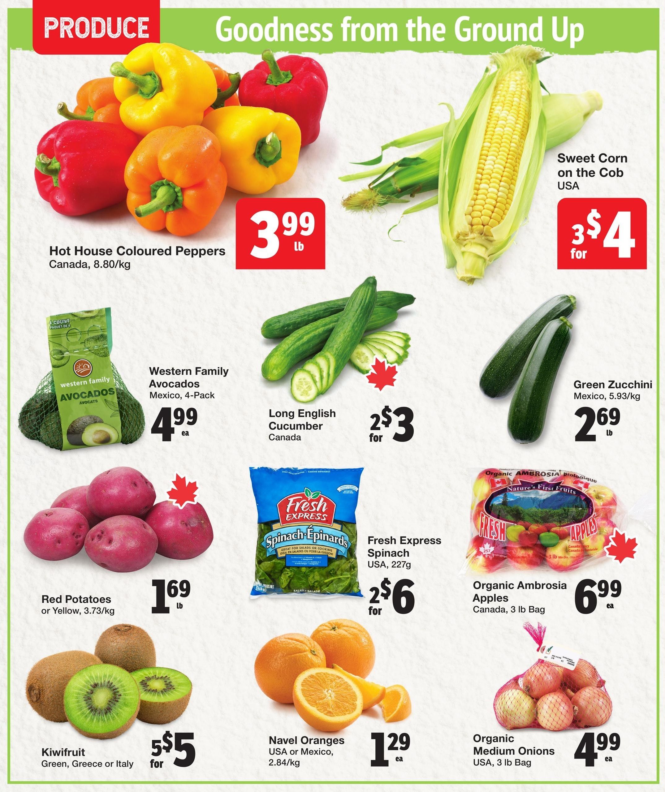 Quality Foods weekly flyer specials page 2 features a variety of fresh produce. Hot House Coloured Peppers are priced at $3.99 per lb. Sweet Corn on the Cob from the USA is on sale for 3 for $4. Western Family Avocados, 4-pack, cost $4.99 each. Long English Cucumbers from Canada are 2 for $3. Green Zucchini from Mexico, 5.93/kg, is $2.69 per lb. Red or Yellow Potatoes, 3.73/kg, are $1.69 per lb. Fresh Express Spinach, USA, 227g, is 2 for $6. Organic Ambrosia Apples from Canada, 3 lb bag, are $6.99 each. Kiwifruit, green, from Greece or Italy, are 5 for $5. Navel Oranges from the USA or Mexico, 2.84/kg, are $1.29 each. Organic Medium Onions from the USA, 3 lb bag, are $4.99 each.