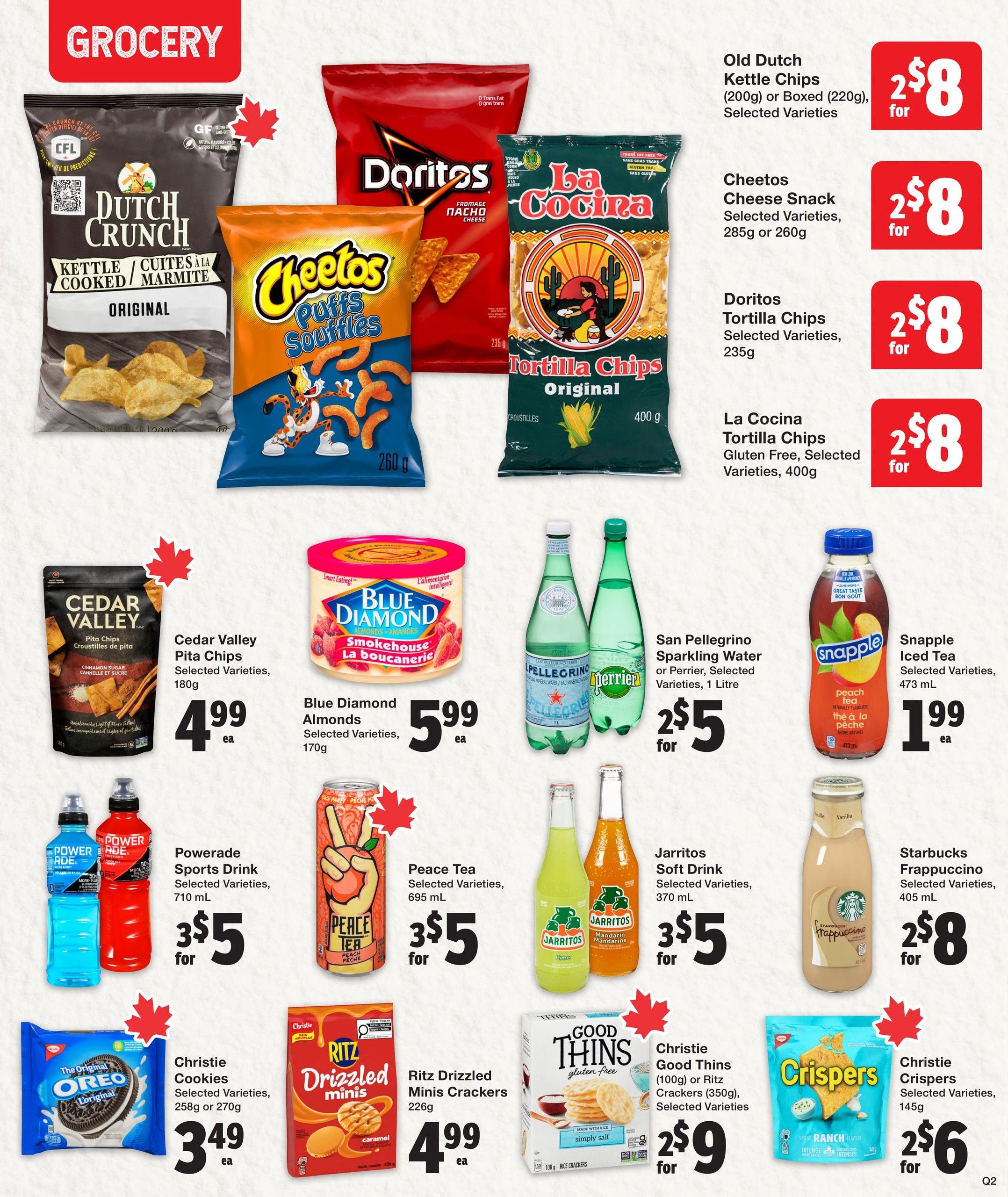 Quality Foods weekly flyer specials page 9 features a variety of grocery items. Featured snacks include Old Dutch Kettle Chips for $2 for 8, Cheetos Cheese Snack for $2 for 8, Doritos Tortilla Chips for $2 for 8, and La Cocina Tortilla Chips for $2 for 8. Other snack options include Dutch Crunch Kettle Cooked Original chips, Cheetos Puffs Soufflés, Cedar Valley Pita Chips for $4.99 each, and Blue Diamond Almonds Smokehouse for $5.99 each. Beverage deals include San Pellegrino Sparkling Water or Perrier for $2 for 5, Snapple Iced Tea for $1.99 each, Powerade Sports Drink for $3 for 5, and Peace Tea for $3 for 5. Jarritos Soft Drink is available for $3 for 5. Sweet treats include Christie Cookies for $3.49 each, Ritz Drizzled Minis Crackers for $4.99 each, Christie Good Thins or Ritz Crackers for $2 for 9, and Christie Crispers for $2 for 6. Starbucks Frappuccino is also featured for $2 for 8.