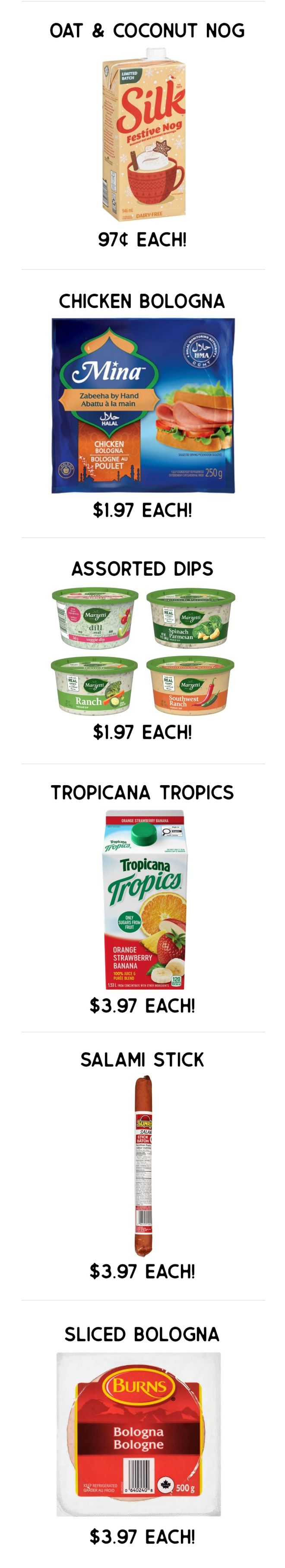 Gateway Meat Market weekly flyer specials page 2 features Silk Oat & Coconut Nog for $0.97 each, Mina Chicken Bologna for $1.97 each, Margent Assorted Dips (Dill, Spinach Parmesan, Ranch, Southwest Ranch) for $1.97 each, Tropicana Tropics Orange Strawberry Banana juice for $3.97 each, a Salami Stick for $3.97 each, and Burns Sliced Bologna for $3.97 each.