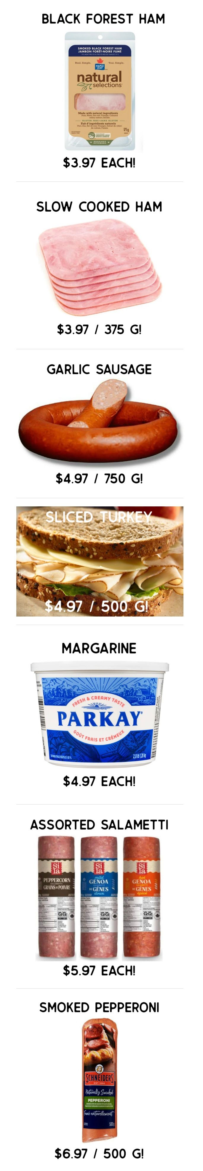 Gateway Meat Market weekly flyer specials page 3 features Black Forest Ham for $3.97 each, Slow Cooked Ham for $3.97 per 375g, Garlic Sausage for $4.97 per 750g, Sliced Turkey sandwich for $4.97 per 500g, Parkay Margarine for $4.97 each, Assorted Salametti for $5.97 each, and Schneiders Smoked Pepperoni for $6.97 per 500g.