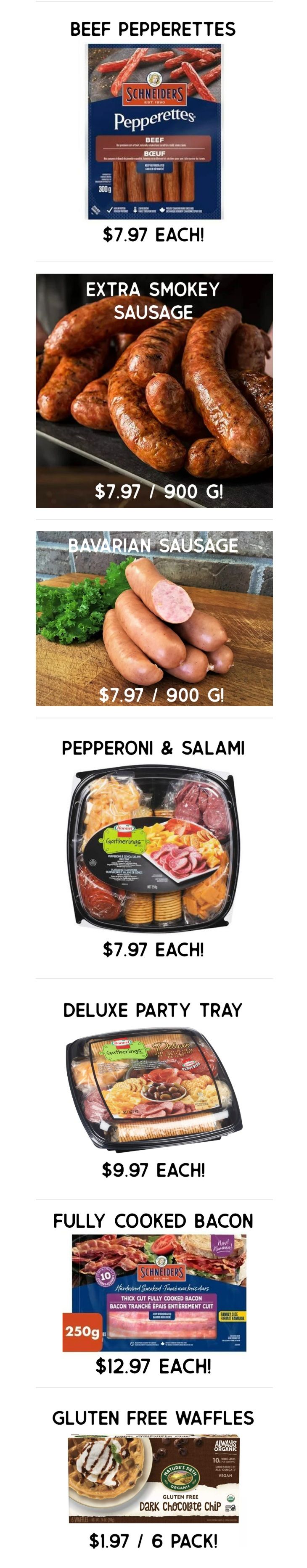 Gateway Meat Market weekly flyer specials page 4 features Schriders Beef Pepperettes for $7.97 each. Also available are Extra Smokey Sausage and Bavarian Sausage, both priced at $7.97 per 900g. The flyer also showcases a Pepperoni & Salami tray for $7.97 each and a Deluxe Party Tray for $9.97 each. For breakfast options, find Fully Cooked Bacon from Schriders, Thick Cut, for $12.97 each (250g). Finally, Nature's Path Organic Gluten Free Dark Chocolate Chip Waffles are on sale for $1.97 per 6 pack.