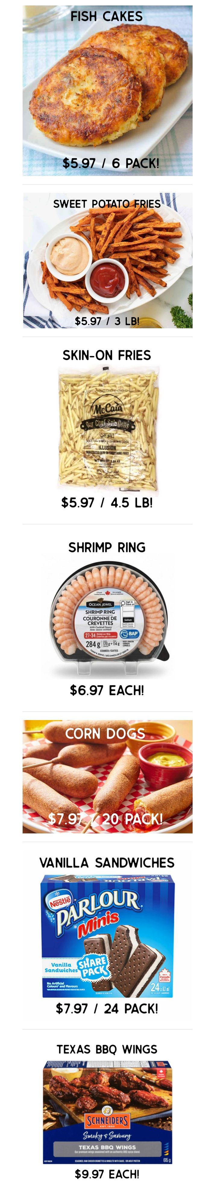 Gateway Meat Market weekly flyer specials page 7 features several frozen and prepared food items. Highlights include Fish Cakes for $5.97 per 6 pack, Sweet Potato Fries for $5.97 per 3 lbs, and McCain Skin-On Fries for $5.97 per 4.5 lbs. Also available are Ocean Jewel Shrimp Rings for $6.97 each, a 20 pack of Corn Dogs for $7.97, and Nestlé Parlour Minis Vanilla Sandwiches (Share Pack) for $7.97 per 24 pack. Finally, Schneiders Smoky & Savoury Texas BBQ Wings are priced at $9.97 each.