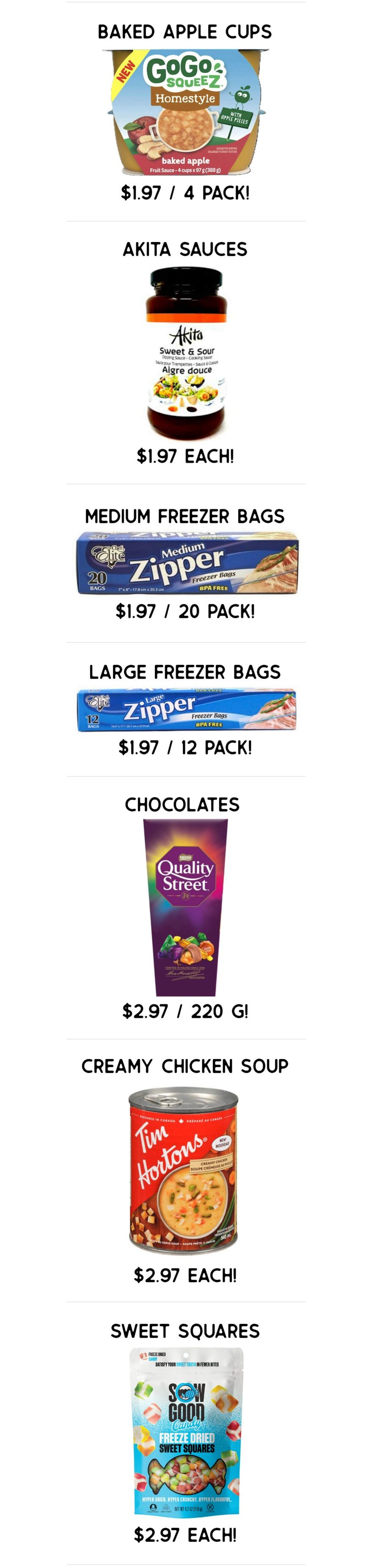 Gateway Meat Market weekly flyer specials page 11 features GoGo Squeez Homestyle Baked Apple Cups for $1.97 per 4 pack, Akita Sweet & Sour Cooking Sauce for $1.97 each, Ziploc Medium Freezer Bags (20 pack) for $1.97, and Ziploc Large Freezer Bags (12 pack) for $1.97. Also featured are Quality Street Chocolates for $2.97 per 220g, Tim Hortons Creamy Chicken Soup for $2.97 each, and Snow Good Freeze Dried Sweet Squares for $2.97 each.