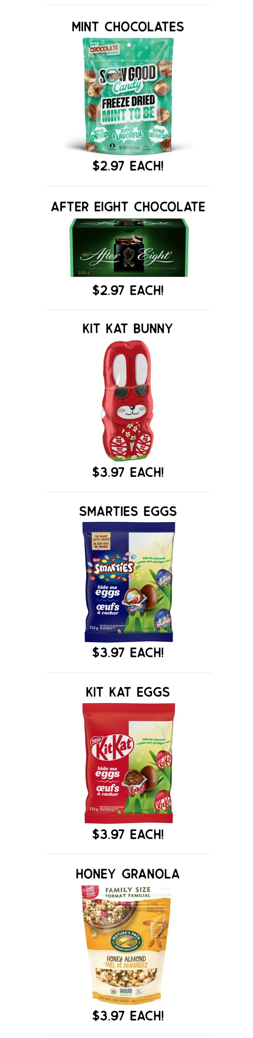 Gateway Meat Market weekly flyer specials page 12 features a selection of confectionery and breakfast items. Available are Só Good Freeze Dried Mint to Be chocolates for $2.97 each, After Eight Chocolate for $2.97 each, a Kit Kat Bunny for $3.97 each, Smarties Eggs for $3.97 each, Kit Kat Eggs for $3.97 each, and Nature's Path Honey Almond Granola Family Size for $3.97 each.