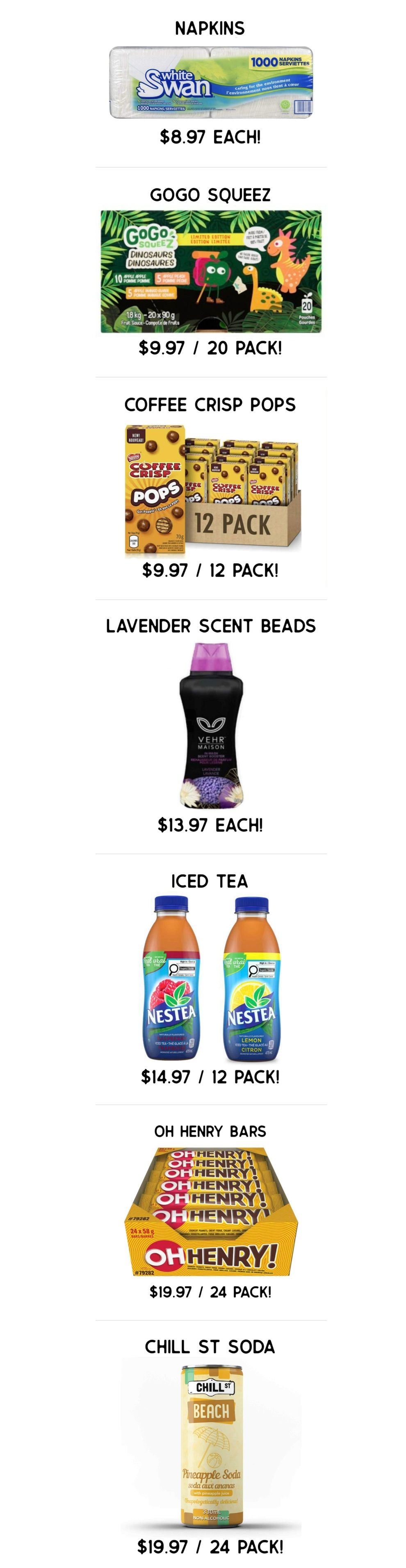 Gateway Meat Market weekly flyer specials page 14 features White Swan Napkins for $8.97 each, GOGO SQUEEZ dinosaurs fruit snacks 20 pack for $9.97, Coffee Crisp Pops 12 pack for $9.97, Vehr Maison Lavender Scent Beads for $13.97 each, Nestea Iced Tea in Raspberry and Lemon flavours, 12 pack for $14.97, Oh Henry! Bars 24 pack for $19.97, and Chill St Soda Beach Pineapple Soda 24 pack for $19.97.