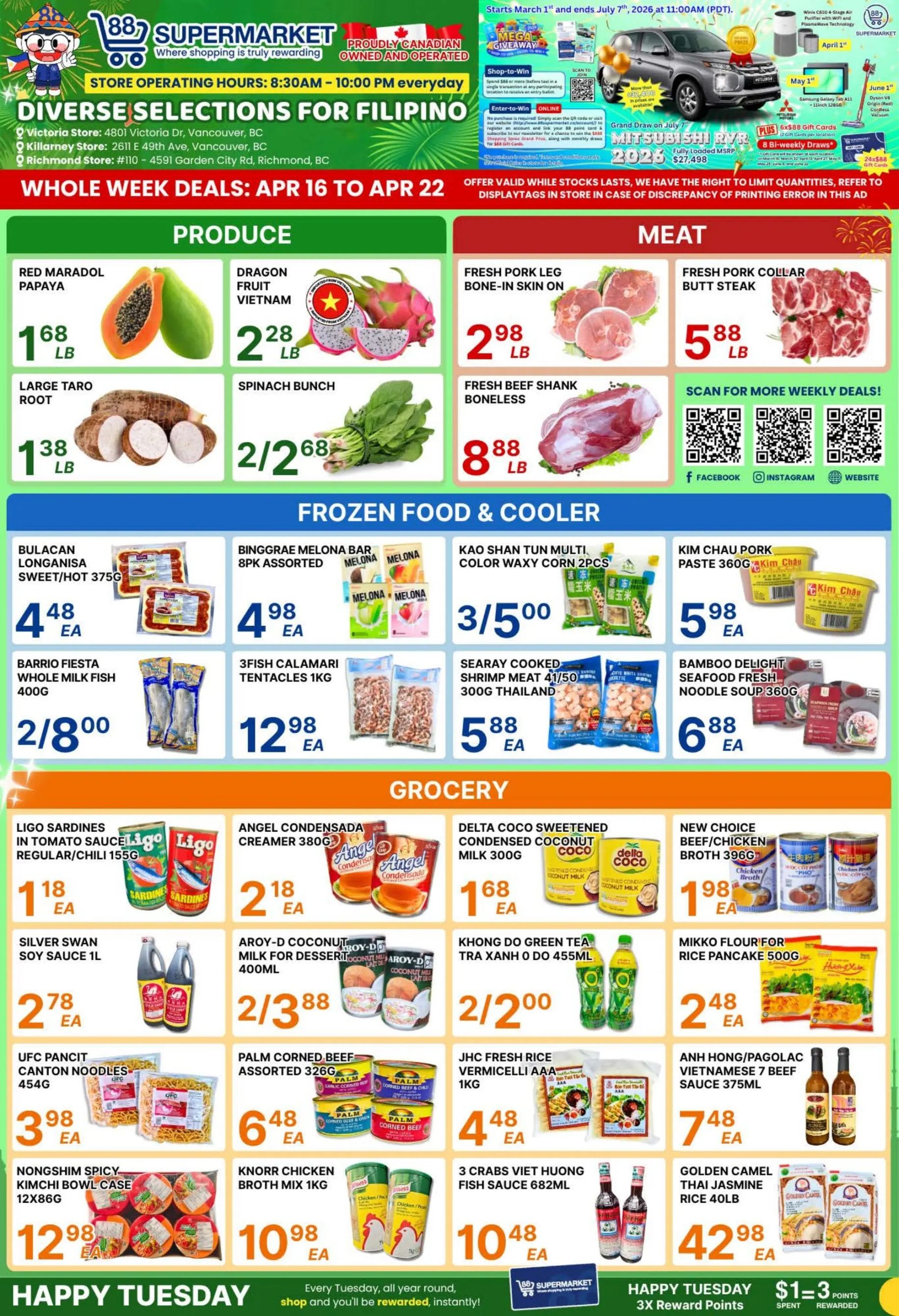 88 Supermarket flyer featuring weekly deals valid from April 16 to April 22. The flyer highlights that 88 Supermarket is proudly Canadian owned and operated, with store operating hours from 8:30 AM to 10:00 PM everyday. It emphasizes diverse selections for Filipino customers and lists three store locations in Vancouver and Richmond, BC. A Mega Giveaway for a 2026 Mitsubishi RVR valued at $27,498 is promoted, with a grand draw on July 7th, alongside weekly draws for $88 gift cards. The Produce section features Red Maradol Papaya for $1.68 per lb, Dragon Fruit Vietnam for $2.28 per lb, Large Taro Root for $1.38 per lb, and Spinach Bunch, 2 for $2.68. In the Meat section, Fresh Pork Leg Bone-in Skin On is available for $2.98 per lb, Fresh Pork Collar Butt Steak for $5.88 per lb, and Fresh Beef Shank Boneless for $8.88 per lb. QR codes are provided for Facebook, Instagram, and the website. The Frozen Food & Cooler section includes Bulacan Longanisa Sweet/Hot 375g for $4.48 each, Binggrae Melona Bar 8pk assorted for $4.98 each, Kao Shan Tun Multi Color Waxy Corn 2pcs, 3 for $5.00, Kim Chau Pork Paste 360g for $5.98 each, Barrio Fiesta Whole Milk Fish 400g, 2 for $8.00, 3Fish Calamari Tentacles 1kg for $12.98 each, Searay Cooked Shrimp Meat 41/50 300g Thailand for $5.88 each, and Bamboo Delight Seafood Fresh Noodle Soup 360g for $6.88 each. The Grocery section offers Ligo Sardines in Tomato Sauce Regular/Chili 155g for $1.18 each, Angel Condensada Creamer 380g for $2.18 each, Delta Coco Sweetened Condensed Coconut Milk 300g for $1.68 each, New Choice Beef/Chicken Broth 396g for $1.98 each, Silver Swan Soy Sauce 1L for $2.78 each, Aroy-D Coconut Milk for Dessert 400ml, 2 for $3.88, Khong Do Green Tea Tra Xanh O Do 455ml, 2 for $2.00, Mikko Flour for Rice Pancake 500g for $2.48 each, UFC Pancit Canton Noodles 454g for $3.98 each, Palm Corned Beef assorted 326g for $6.48 each, JHC Fresh Rice Vermicelli AAA 1kg for $4.48 each, Anh Hong/Pagolac Vietnamese 7 Beef Sauce 375ml for $7.48 each, Nongshim Spicy Kimchi Bowl Case 12x86g for $12.98 each, Knorr Chicken Broth Mix 1kg for $10.98 each, 3 Crabs Viet Huong Fish Sauce 682ml for $10.48 each, and Golden Camel Thai Jasmine Rice 40lb for $42.98 each. The footer promotes a 'Happy Tuesday' rewards program where shoppers earn 3X reward points for every $1 spent.