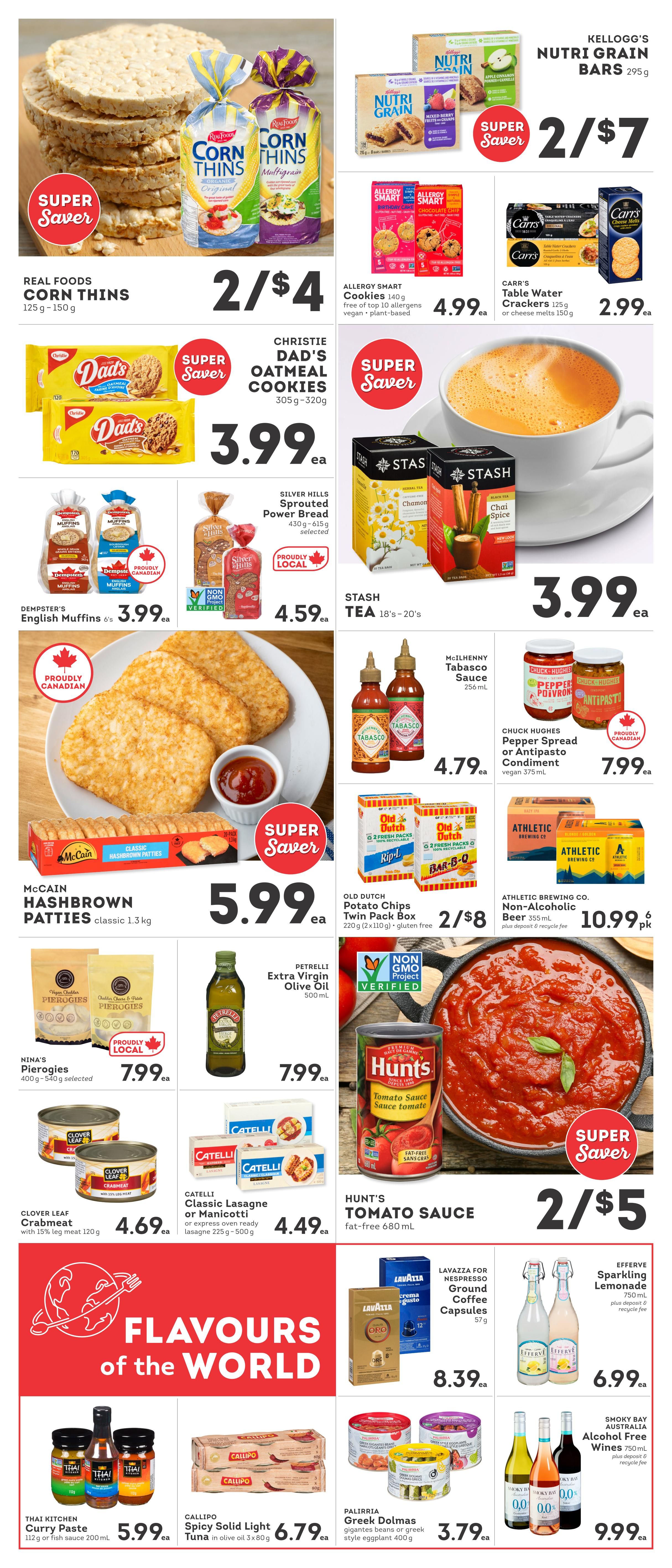 IGA British Columbia weekly flyer specials page 4 features Real Foods Corn Thins for 2 for $4, Kellogg's Nutri Grain Bars for 2 for $7, and Christie Dad's Oatmeal Cookies for $3.99. Also on sale are Allergy Smart Cookies for $4.99, Carr's Table Water Crackers for $2.99, Dempster's English Muffins for $3.99, and Silver Hills Sprouted Power Bread for $4.59. Stash Tea is $3.99. McCain Hashbrown Patties are $5.99. McIlhenny Tabasco Sauce is $4.79, and Chuck Hughes Pepper Spread or Antipasto Condiment is $7.99. Old Dutch Potato Chips are 2 for $8. Athletic Brewing Non-Alcoholic Beer is $10.99. Petrelli Extra Virgin Olive Oil is $7.99. Nina's Pierogies are $7.99. Catelli Classic Lasagne or Manicotti is $4.49. Hunt's Tomato Sauce is 2 for $5. Thai Kitchen Curry Paste is $5.99. Callipo Spicy Solid Light Tuna is $6.79. Palirria Greek Dolmas are $3.79. Lavazza for Nespresso Ground Coffee Capsules are $8.39. Efferve Sparkling Lemonade is $6.99. Smoky Bay Australia Alcohol Free Wines are $9.99.