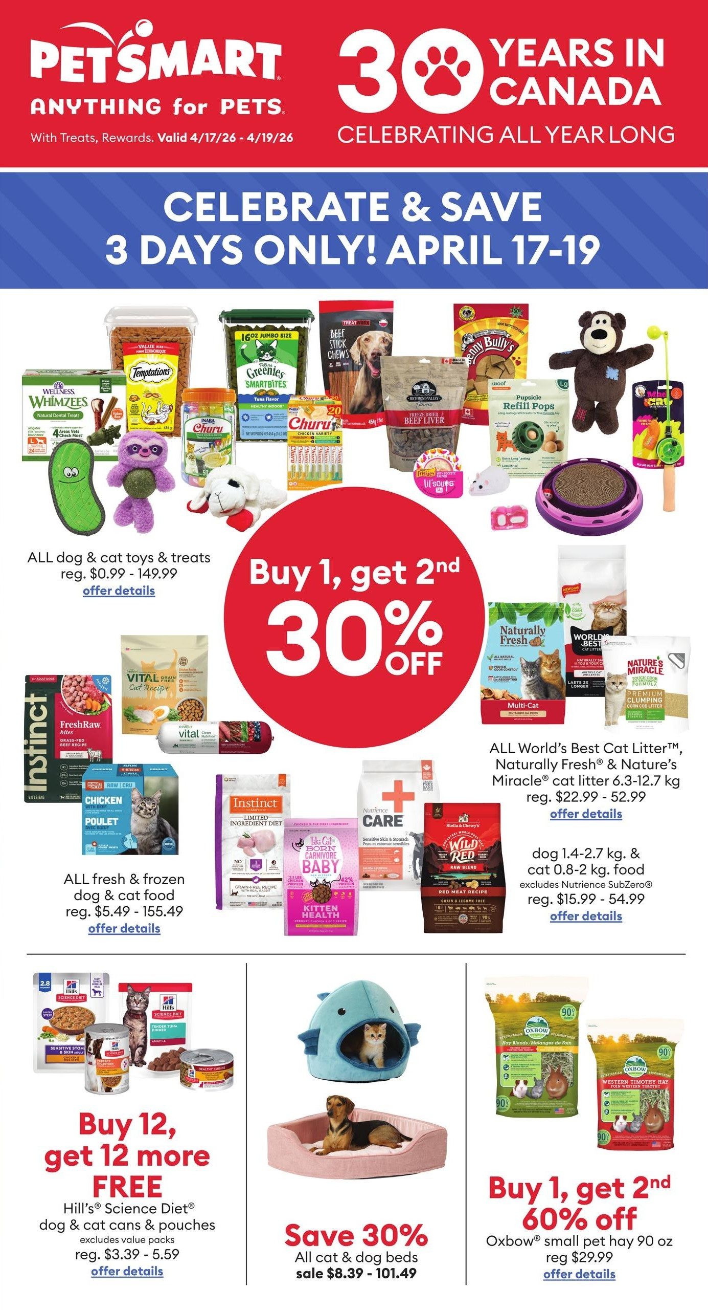 PetSmart Treats Rewards flyer featuring special offers. Earn 5,000 bonus points, equivalent to $10 back in savings, per day when you spend $50 or more on merchandise and services, valid from April 17-22. Activate the offer to receive this promotion. Additionally, earn 25X points (50% back in savings) on select items from April 17-19. Featured flea and tick products include K9 Advantix II for extra large dogs, Advantage II for large cats, Zodiac flea and tick solution, and Tickless ultrasonic flea and tick devices. Also featured are Fluval canister filters, including the Fluval 07 performance canister filter and the Fluval FX2 performance canister filter. Activate offers for flea & tick products and canister filters are available, valid for one-time use only. All bonus points require activation in your Treats Rewards account prior to purchase.