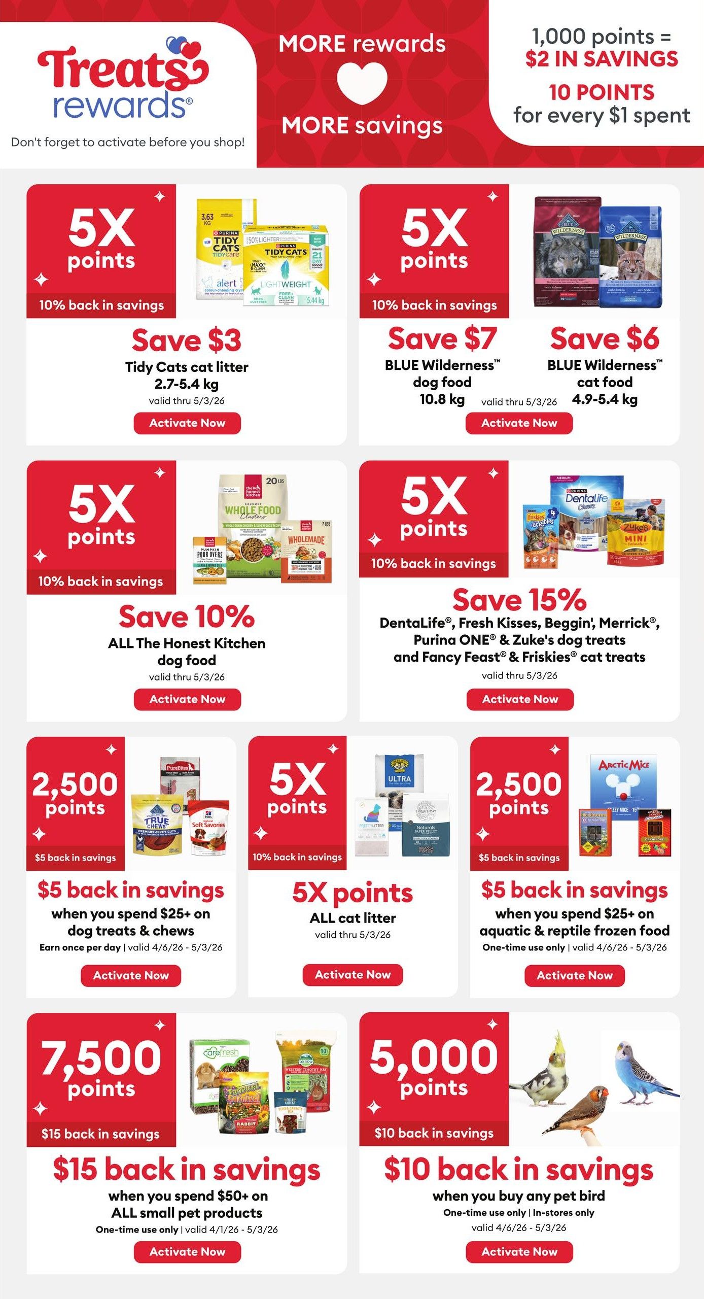 PetSmart Treats Rewards flyer page 5, featuring bonus point offers. Get 5X points (10% back in savings) on Tidy Cats cat litter, save $3. Get 5X points on BLUE Wilderness dog food, save $7 on 10.8 kg bags, valid thru 5/3/26. Get 5X points on BLUE Wilderness cat food, save $6 on 4.9-5.4 kg bags, valid thru 5/3/26. Save 10% on ALL The Honest Kitchen dog food, valid thru 5/3/26. Save 15% on Dentalife, Fresh Kisses, Beggin', Merrick, Purina ONE & Zuke's dog treats and Fancy Feast & Friskies cat treats, valid thru 5/3/26. Earn 2,500 points ($5 back in savings) when you spend $25+ on dog treats & chews, earn once per day, valid 4/6/26 - 5/3/26. Get 5X points (10% back in savings) on ALL cat litter, valid thru 5/3/26. Get 5X points (10% back in savings) on aquatic & reptile frozen food, valid 4/6/26 - 5/3/26. Earn 7,500 points ($15 back in savings) when you spend $50+ on ALL small pet products, one-time use only, valid 4/1/26 - 5/3/26. Earn 5,000 points ($10 back in savings) when you buy any pet bird, one-time use only, in-stores only, valid 4/6/26 - 5/3/26. Remember to activate offers before shopping. 1,000 points equals $2 in savings, with 10 points earned for every $1 spent.