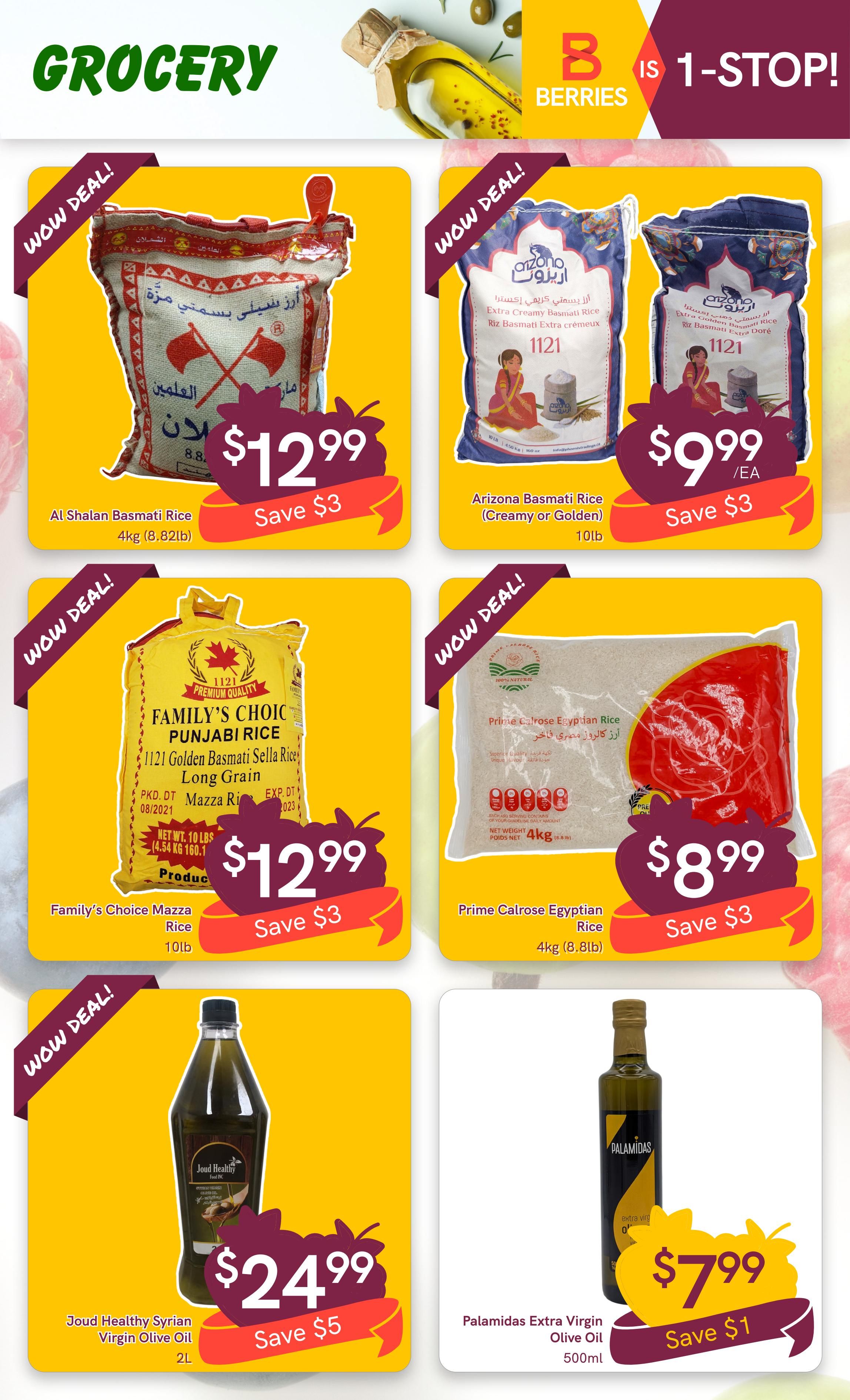 Berries Market weekly flyer specials page 11 features grocery deals. Top row includes Al Shalan Basmati Rice 4kg (8.82lb) for $12.99, saving $3, and Arizona Basmati Rice (Creamy or Golden) 10lb for $9.99/EA, saving $3. Middle row showcases Family's Choice Punjabi Rice 10lb for $12.99, saving $3, and Prime Calrose Egyptian Rice 4kg (8.8lb) for $8.99, saving $3. Bottom row features Joud Healthy Syrian Virgin Olive Oil 2L for $24.99, saving $5, and Palamidas Extra Virgin Olive Oil 500ml for $7.99, saving $1.