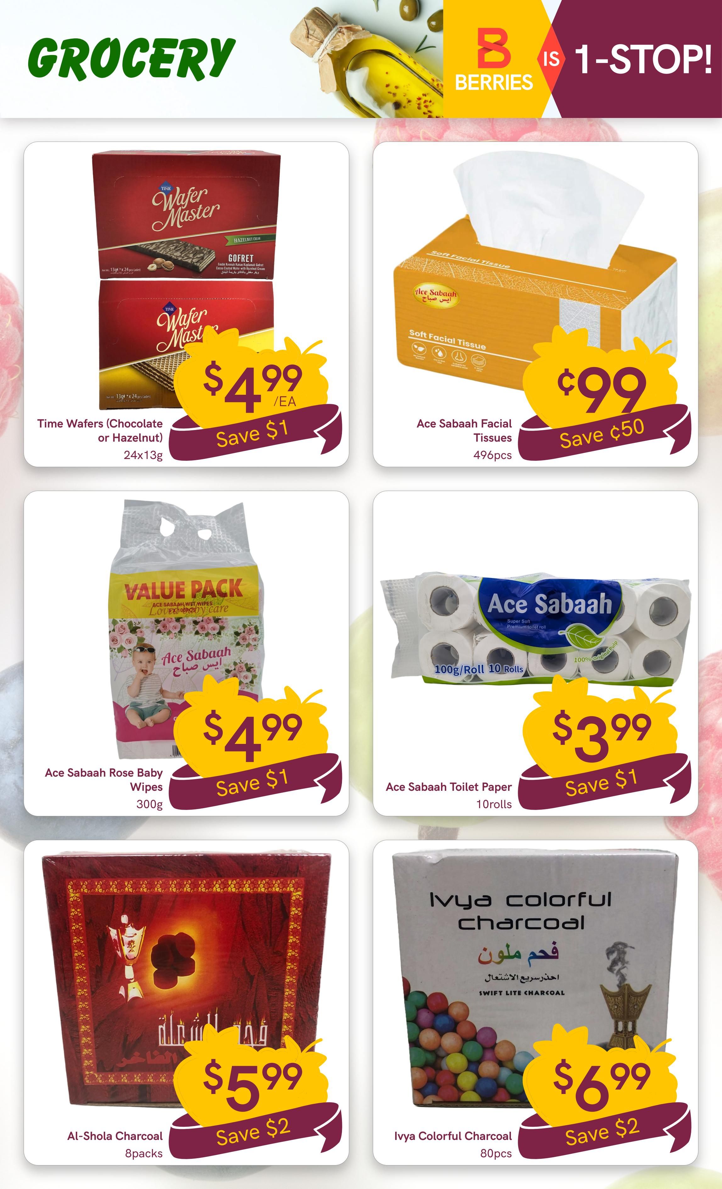 Berries Market Weekly Flyer Specials, Page 24. Featured grocery items include Time Wafers (Chocolate or Hazelnut) 24x13g for $4.99, saving $1. Ace Sabaah Facial Tissues, 496 pieces, are on sale for $0.99, saving $0.50. Ace Sabaah Rose Baby Wipes, 300g, are available for $4.99, saving $1. Ace Sabaah Toilet Paper, 10 rolls, is priced at $3.99, saving $1. Also featured are Al-Shola Charcoal, 8 packs, for $5.99, saving $2, and Ivya Colorful Charcoal, 80 pieces, for $6.99, saving $2.