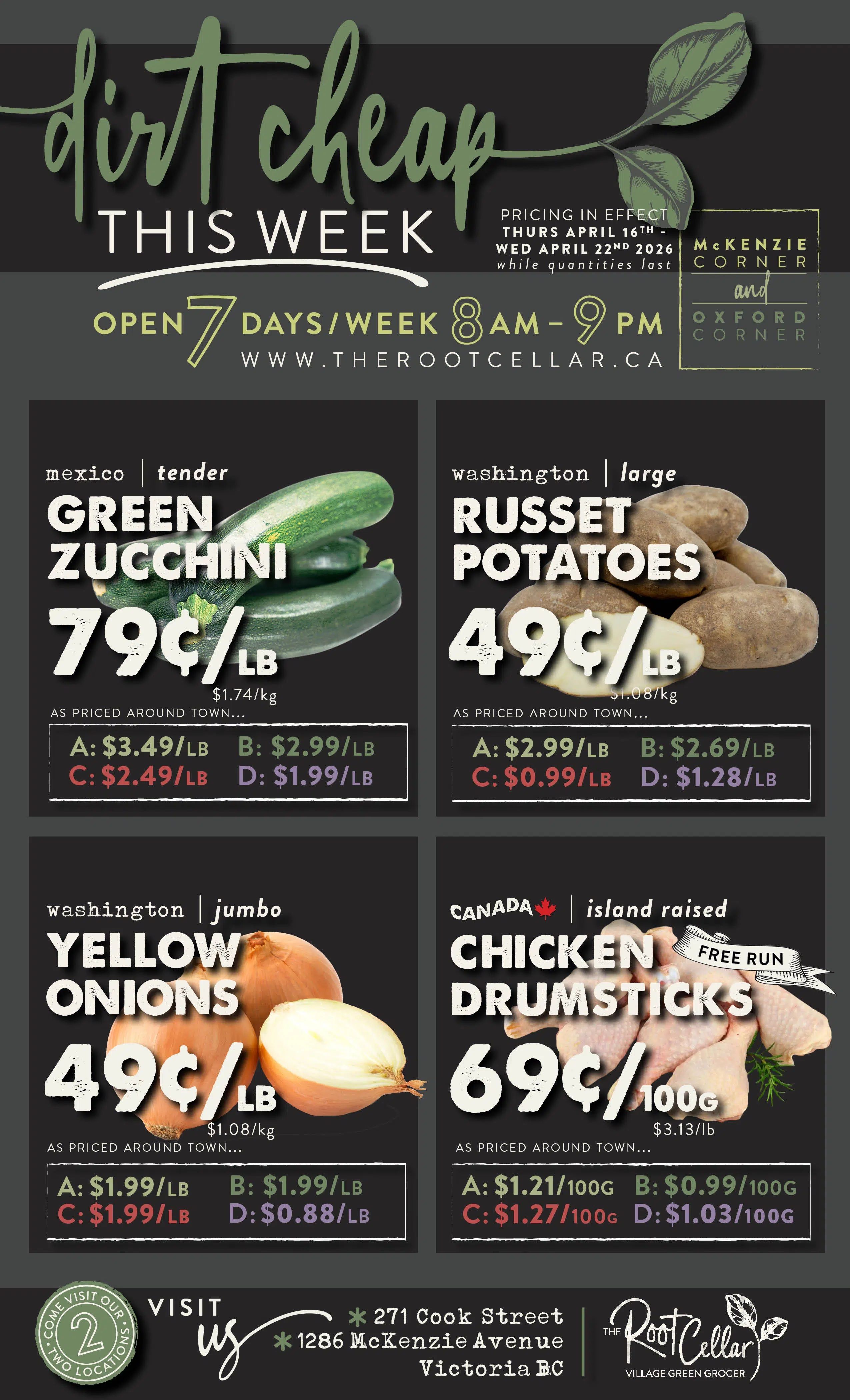 The Root Cellar weekly flyer specials page 1, featuring 'dirt cheap' deals. Offers include Mexico tender Green Zucchini at 79¢/lb, Washington large Russet Potatoes at 49¢/lb, Washington jumbo Yellow Onions at 49¢/lb, and Canada island raised Free Run Chicken Drumsticks at 69¢/100g. Pricing is in effect from Thursday, April 16th to Wednesday, April 22nd, 2026, while quantities last. The store is open 7 days a week from 8 AM to 9 PM. Visit The Root Cellar at 271 Cook Street and 1286 McKenzie Avenue, Victoria BC.