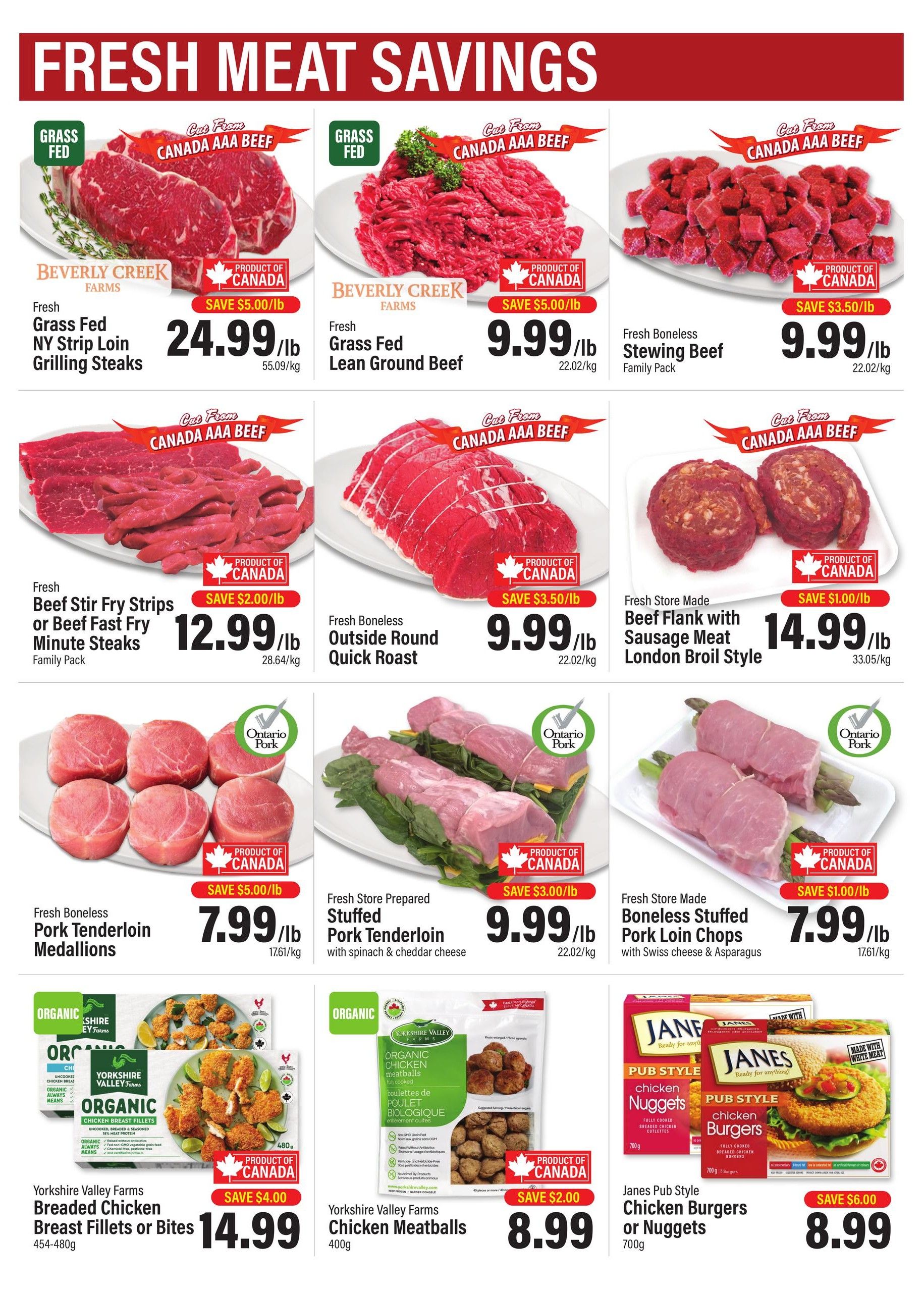 Commisso's Fresh Foods weekly flyer specials page 2 features fresh meat savings. Highlights include Beverly Creek Farms Fresh Grass Fed NY Strip Loin Grilling Steaks at $24.99/lb with a $5.00/lb saving, Fresh Grass Fed Lean Ground Beef at $9.99/lb with a $5.00/lb saving, and Fresh Boneless Stewing Beef Family Pack at $9.99/lb with a $3.50/lb saving. Also featured are Fresh Beef Stir Fry Strips or Beef Fast Fry Minute Steaks Family Pack for $12.99/lb with a $2.00/lb saving, Fresh Boneless Outside Round Quick Roast for $9.99/lb with a $3.50/lb saving, and Fresh Store Made Beef Flank with Sausage Meat London Broil Style for $14.99/lb with a $1.00/lb saving. Pork options include Fresh Boneless Pork Tenderloin Medallions at $7.99/lb with a $5.00/lb saving, Fresh Store Prepared Stuffed Pork Tenderloin with spinach & cheddar cheese for $9.99/lb with a $3.00/lb saving, and Fresh Store Made Boneless Stuffed Pork Loin Chops with Swiss cheese & Asparagus for $7.99/lb with a $1.00/lb saving. In the frozen section, Yorkshire Valley Farms Organic Breaded Chicken Breast Fillets or Bites (454-480g) are on sale for $14.99 with a $4.00 saving, and Yorkshire Valley Farms Organic Chicken Meatballs (400g) are $8.99 with a $2.00 saving. Janes Pub Style Chicken Burgers or Nuggets (700g) are available for $8.99 with a $6.00 saving.