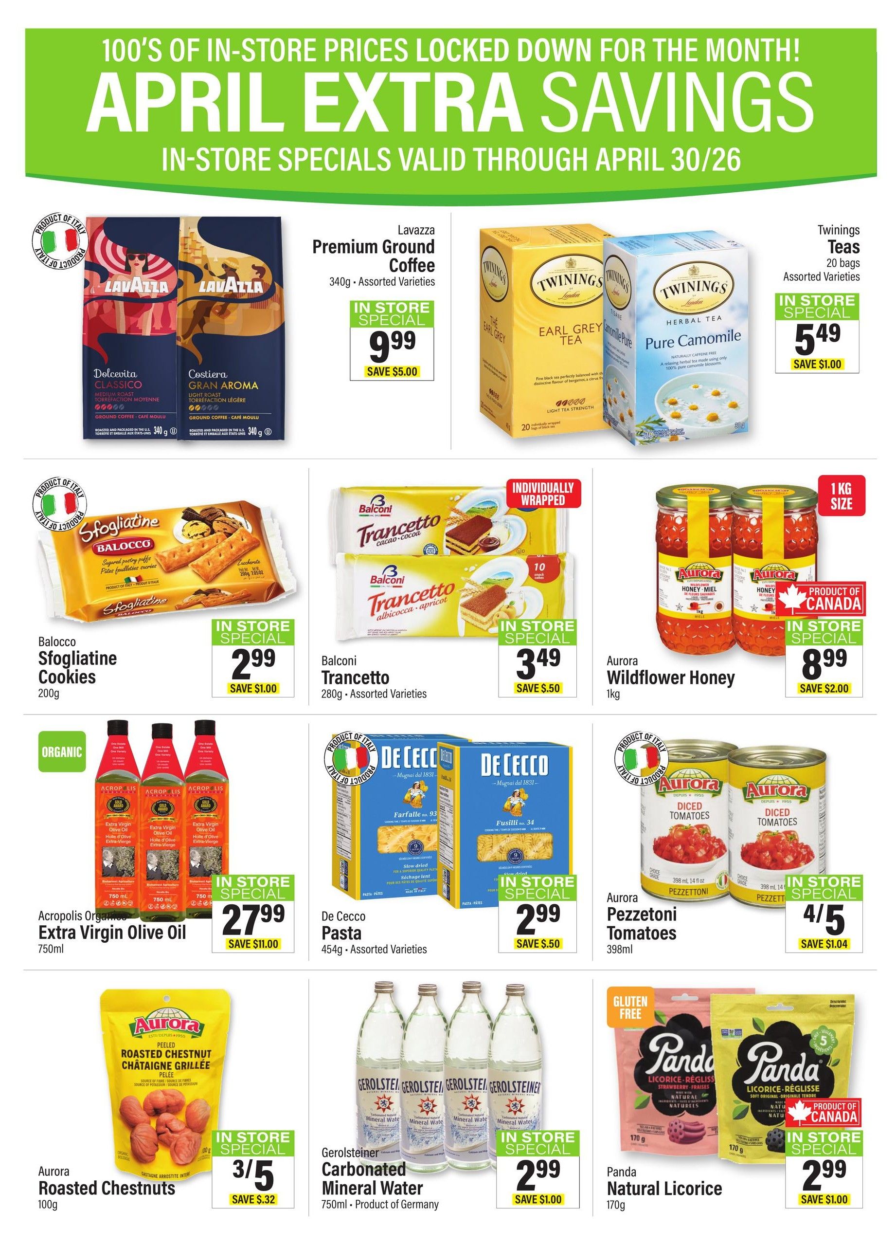 Commisso's Fresh Foods weekly flyer specials for April Extra Savings, valid through April 30/26. Featured products include Lavazza Premium Ground Coffee for $9.99, saving $5.00. Twinings Teas (20 bags, assorted varieties) are $5.49, saving $1.00. Balocco Sfoglatiine Cookies (200g) are $2.99, saving $1.00. Balconi Trancetto (280g, assorted varieties) are $3.49, saving $0.50. Aurora Wildflower Honey (1kg) is $8.99, saving $2.00. Acropolis Organic Extra Virgin Olive Oil (750ml) is $27.99, saving $11.00. De Cecco Pasta (454g, assorted varieties) is $2.99, saving $0.50. Aurora Pezzettoni Tomatoes (398ml) are $4/5, saving $1.04. Aurora Roasted Chestnuts (100g) are $3/5, saving $0.32. Gerolsteiner Carbonated Mineral Water (750ml, Product of Germany) is $2.99, saving $1.00. Panda Natural Licorice (170g) is $2.99, saving $1.00.
