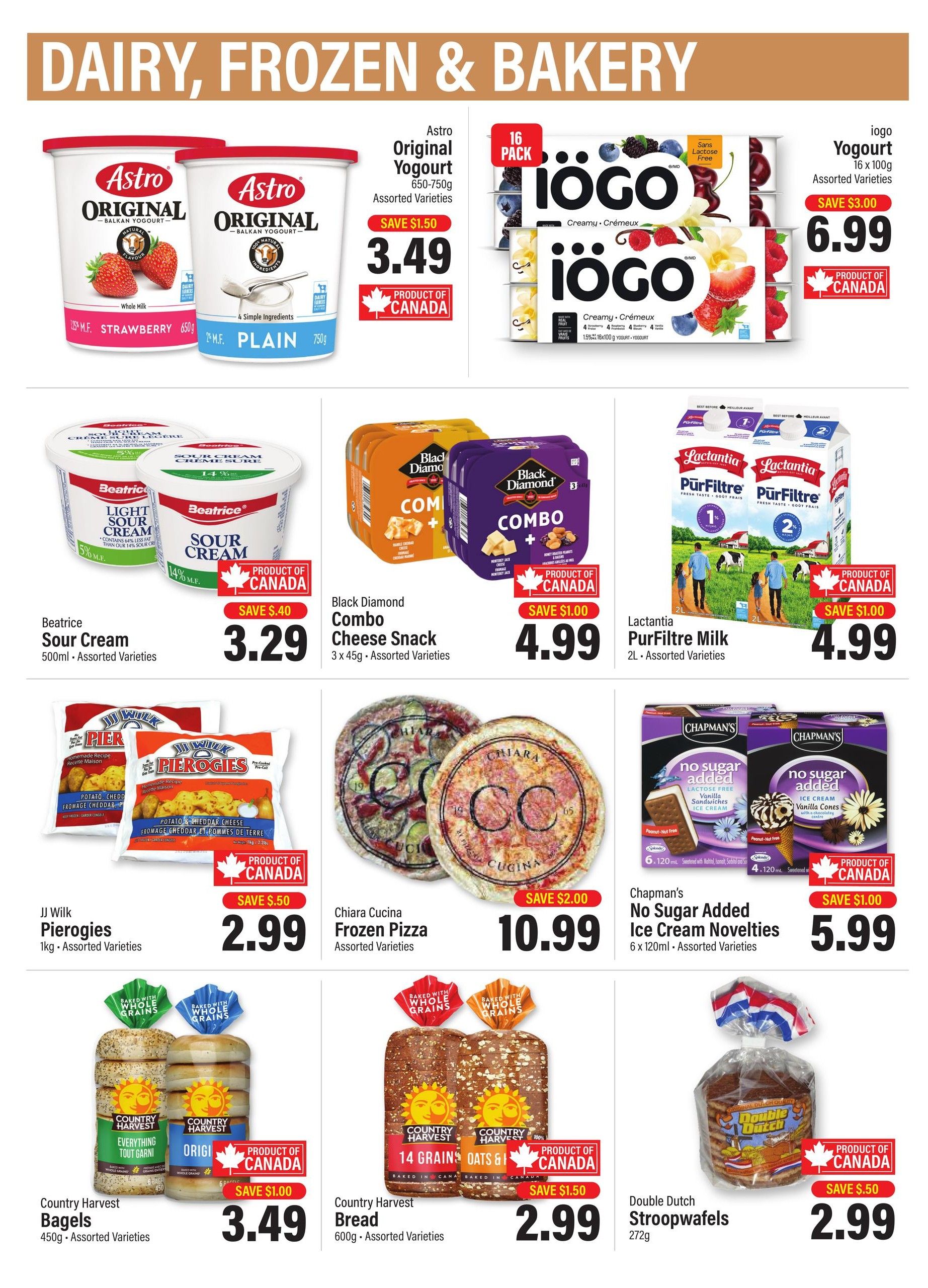 Commisso's Fresh Foods weekly flyer specials page 9 features Dairy, Frozen & Bakery items. Highlights include Astro Original Yogurt 650-750g for $3.49 (save $1.50), iögo Yogourt 16 x 100g for $6.99 (save $3.00), Beatrice Sour Cream 500ml for $3.29 (save $0.40), Black Diamond Combo Cheese Snack 3 x 45g for $4.99 (save $1.00), Lactantia PürFiltre Milk 2L for $4.99 (save $1.00), JJ Wilk Pierogies 1kg for $2.99 (save $0.50), Chiara Cucina Frozen Pizza for $10.99 (save $2.00), Chapman's No Sugar Added Ice Cream Novelties 6 x 120ml for $5.99 (save $1.00), Country Harvest Bagels 450g for $3.49 (save $1.00), Country Harvest Bread 600g for $2.99 (save $1.50), and Double Dutch Stroopwafels 272g for $2.99 (save $0.50). All featured products are from Canada.