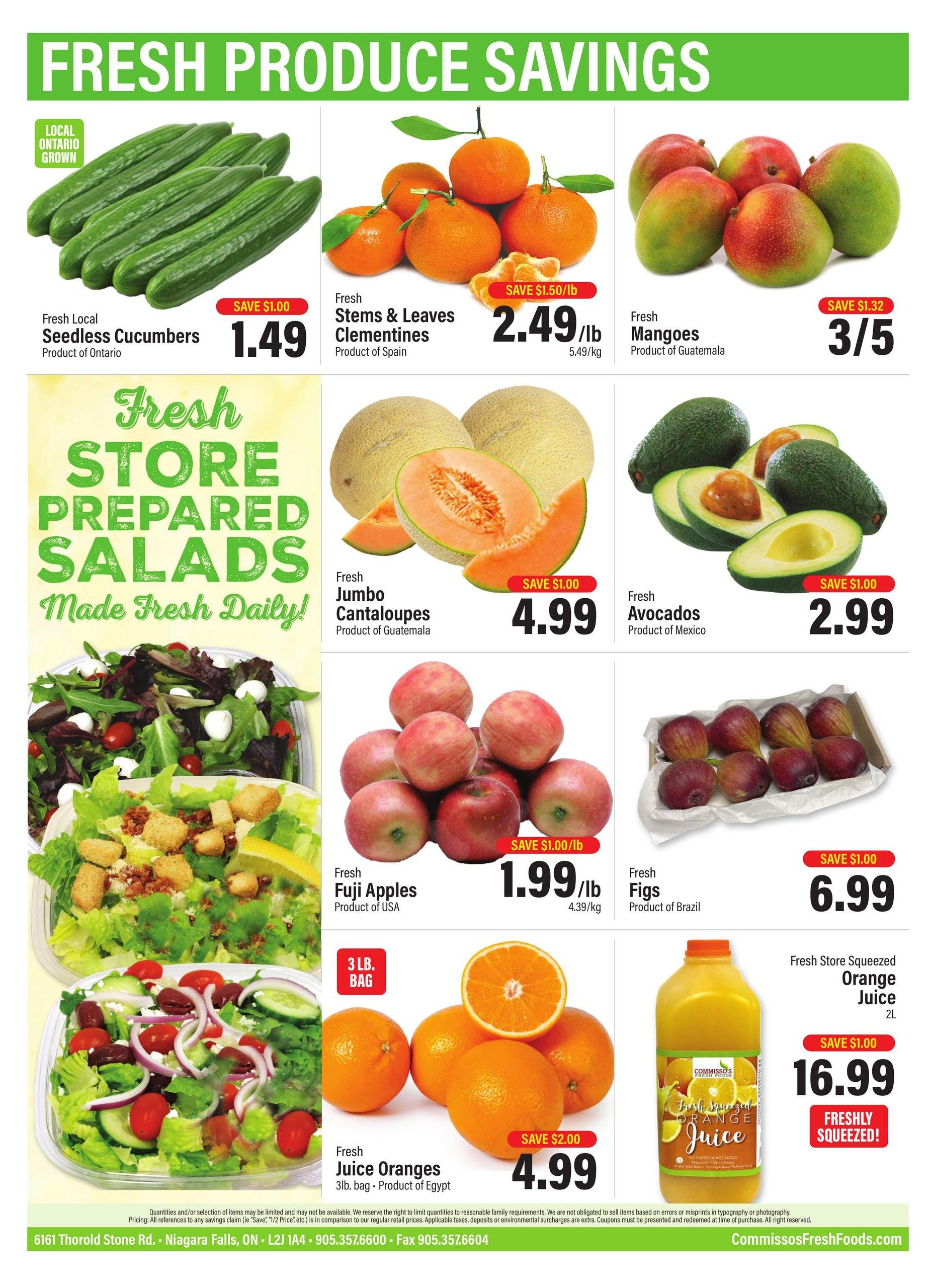 Commisso's Fresh Foods flyer page featuring fresh produce savings. Highlights include Fresh Local Seedless Cucumbers for $1.49 with a $1.00 saving, Fresh Stems & Leaves Clementines from Spain for $2.49/lb with a $1.50/lb saving, and Fresh Mangoes from Guatemala for $3/5 with a $1.32 saving. Also featured are Fresh Jumbo Cantaloupes from Guatemala for $4.99 and Fresh Avocados from Mexico for $2.99, both with $1.00 savings. Fresh Fuji Apples from the USA are $1.99/lb with a $1.00/lb saving, and Fresh Figs from Brazil are $6.99 with a $1.00 saving. The page also advertises Fresh Store Prepared Salads, made fresh daily. Additionally, Fresh Juice Oranges are available in a 3lb bag for $4.99 with a $2.00 saving. Fresh Store Squeezed Orange Juice (2L) is on sale for $16.99 with a $1.00 saving and is advertised as 'Freshly Squeezed!'.