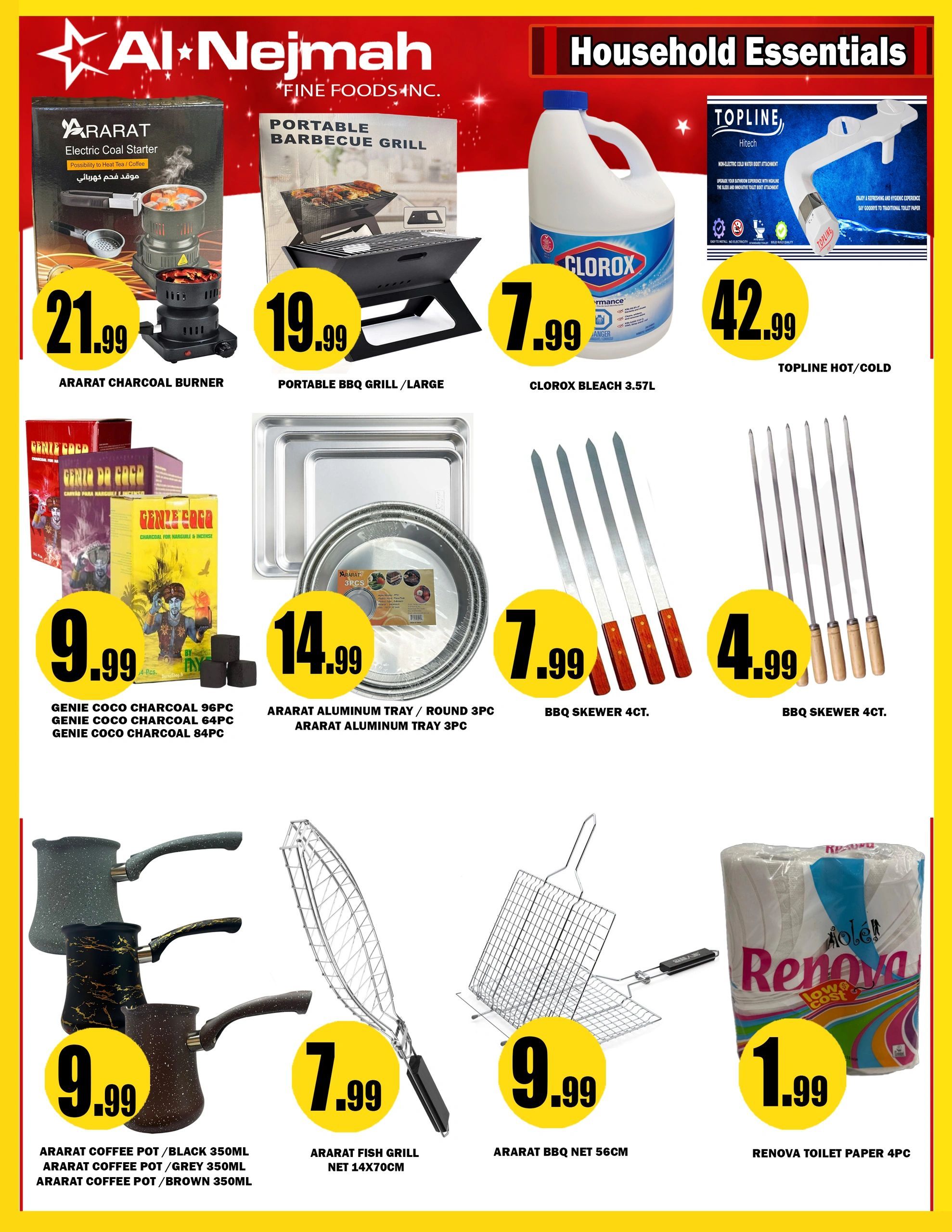 Alnejmah weekly flyer specials page 8 features household essentials. On sale are the ArArat Charcoal Burner for $21.99, a Portable BBQ Grill/Large for $19.99, and Clorox Bleach 3.57L for $7.99. Also available is the Topline Hot/Cold bidet attachment for $42.99. Kitchenware includes Genie Coco Charcoal 96pc, 64pc, and 84pc for $9.99, and ArArat Aluminum Trays (round 3pc and regular 3pc) for $14.99. Cooking items on offer are ArArat Coffee Pots in black, grey, and brown (350ml each) for $9.99, an ArArat Fish Grill Net 14x70cm for $7.99, and an ArArat BBQ Net 56cm for $9.99. Renova Toilet Paper 4pc is priced at $1.99.