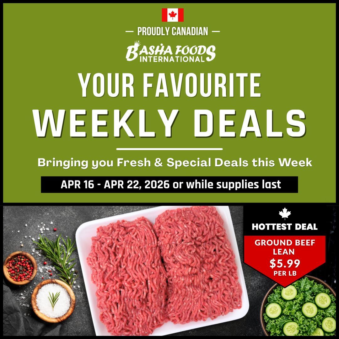 Basha Foods International weekly flyer specials, bringing you fresh and special deals from April 16 to April 22, 2026. The hottest deal featured is lean ground beef for $5.99 per lb. The page also shows ingredients like peppercorns, salt, rosemary, and cucumber salad.