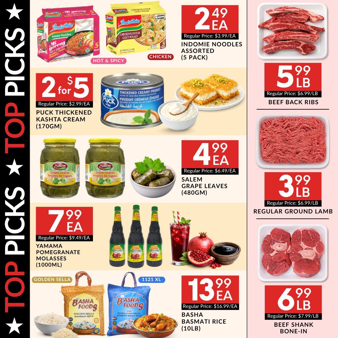 Basha Foods International weekly flyer specials page 2 features top picks including Indomie Noodles Assorted (5 pack) for $2.49 each, Puck Thickened Kashta Cream (170GM) for 2 for $5, Salem Grape Leaves (480GM) for $4.99 each, and Yamama Pomegranate Molasses (1000ML) for $7.99 each. Also featured are Beef Back Ribs for $5.99/LB, Regular Ground Lamb for $3.99/LB, Beef Shank Bone-In for $6.99/LB, and Basha Basmati Rice (10LB) for $13.99 each.