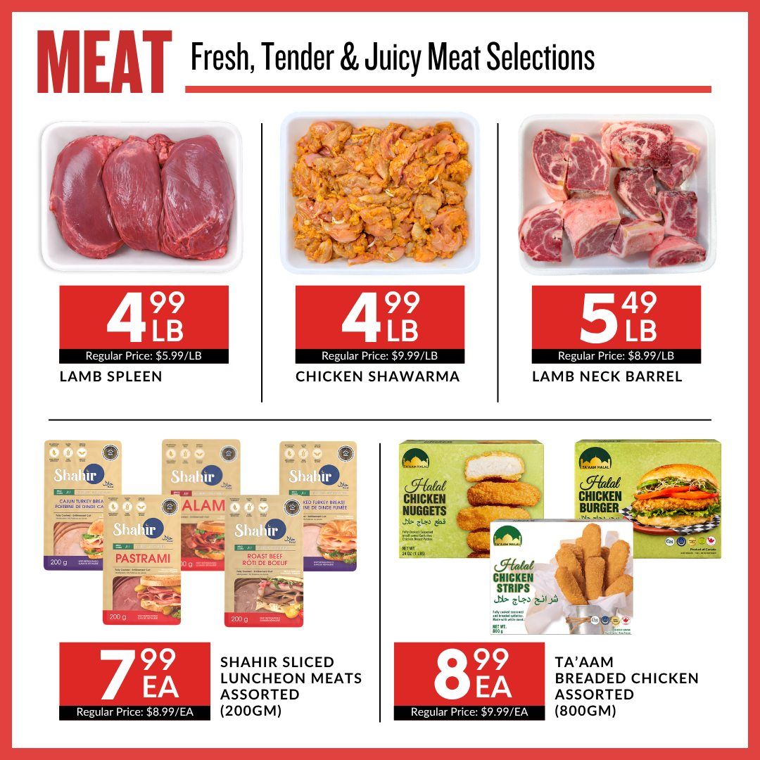 Basha Foods International weekly flyer specials page 3 features a variety of meat selections. Top row includes Lamb Spleen for $4.99/LB, Chicken Shawarma for $4.99/LB, and Lamb Neck Barrel for $5.49/LB. The bottom row showcases Shahir Sliced Luncheon Meats Assorted (200GM) for $7.99 each, and Ta'Aam Breaded Chicken Assorted (800GM) for $8.99 each. Also featured are Halal Chicken Nuggets and Halal Chicken Burger.
