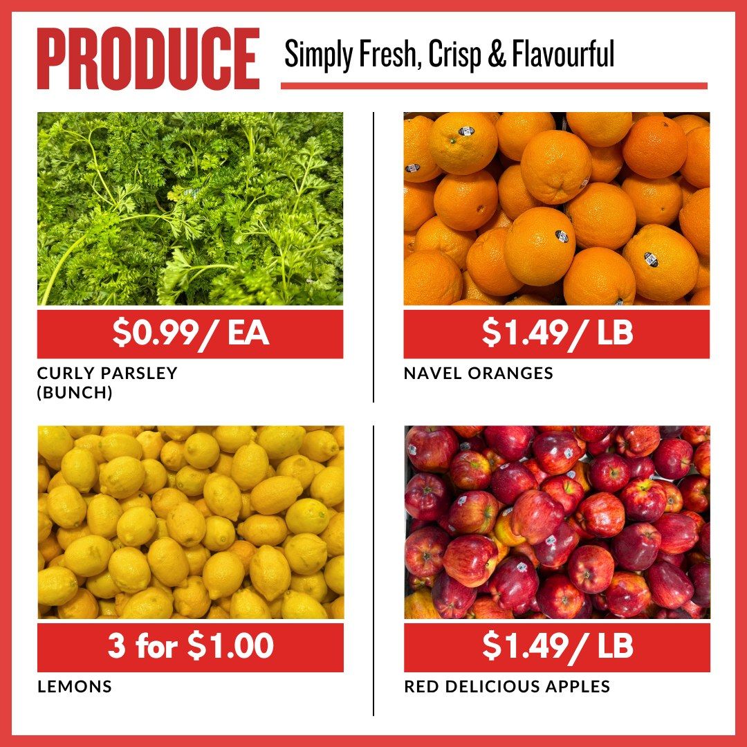 Basha Foods International Produce section featuring Simply Fresh, Crisp & Flavourful items. Offers include Curly Parsley (bunch) for $0.99 each, Navel Oranges for $1.49 per pound, Lemons at 3 for $1.00, and Red Delicious Apples for $1.49 per pound.