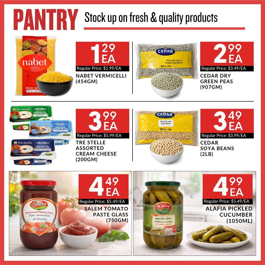 Basha Foods International pantry specials page featuring Nabet Vermicelli for $1.29 each (regularly $1.99), Cedar Dry Green Peas for $2.99 each (regularly $3.49), Tre Stelle Assorted Cream Cheese for $3.99 each (regularly $5.99), Cedar Soya Beans for $3.49 each (regularly $3.99), Salem Tomato Paste Glass for $4.49 each (regularly $5.49), and Alafia Pickled Cucumber for $4.99 each (regularly $5.49).