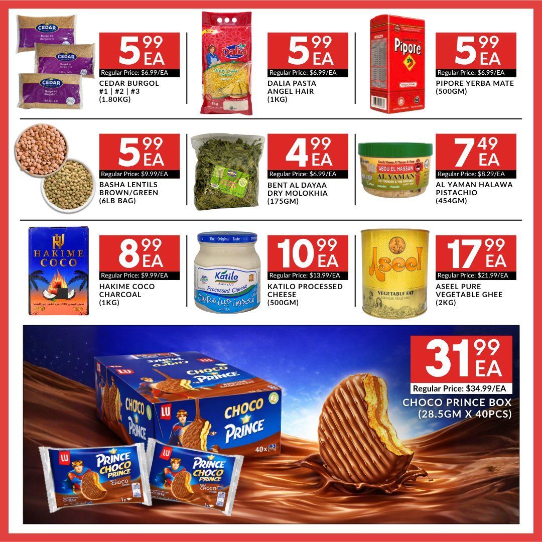 Basha Foods International weekly flyer specials page 8 features Cedar Burgol at $5.99 EA, Dalila Pasta Angel Hair at $5.99 EA, Pipore Yerba Mate at $5.99 EA, Basha Lentils Brown/Green at $5.99 EA, Bent Al Dayaa Dry Molokhia at $4.99 EA, Al Yaman Halawa Pistachio at $7.49 EA, Hakime Coco Charcoal at $8.99 EA, Katilo Processed Cheese at $10.99 EA, Aseel Pure Vegetable Ghee at $17.99 EA, and Choco Prince Box (28.5cm X 40pcs) at $31.99 EA.