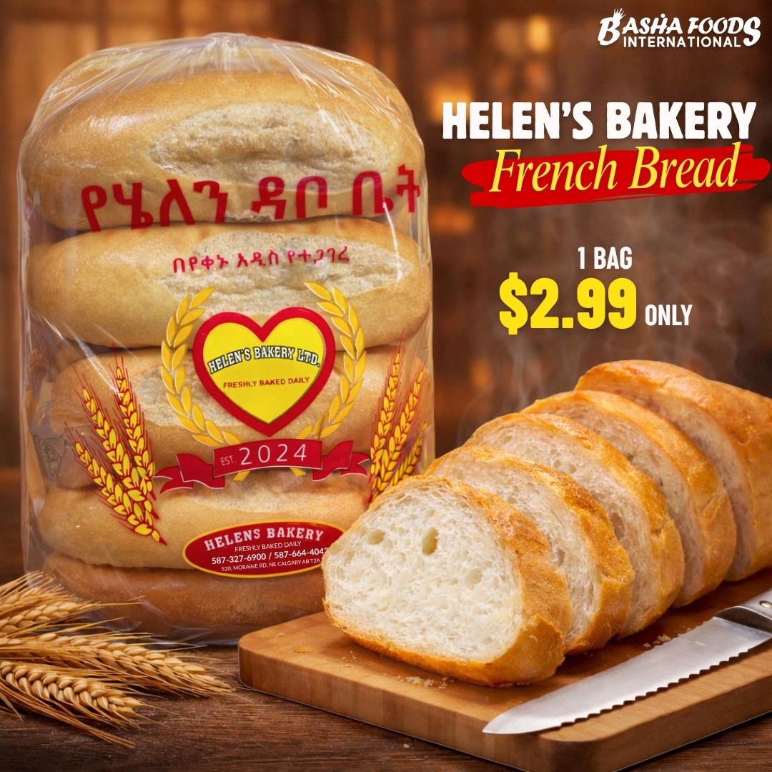 Basha Foods International weekly flyer specials, page 9. Featuring Helen's Bakery French Bread, 1 bag for $2.99. The bread is freshly baked daily and established in 2024. Contact information for Helen's Bakery is visible: 587-327-6900 / 587-664-4042, located at 520 Moraine Rd NE, Calgary AB T2A.